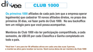 CLUB 1000
Os primeiros 1000 afiliados de cada país (em que a empresa operar
legalmente) que cadastrar 10 novos afiliados diretos, no prazo dos
primeiros 30 dias, vai fazer parte do Club 1000. No seu backoffice
tem um relógio para que você possa acompanhar.
Membros do Club 1000 vão ter participação compartilhada, a cada
semestre, de U$0.05 por cada Classifica e Ganha completado em
todo o país.
*Você tem 1 ano para ter 50 afiliados ativos em cada uma das suas 3 pernas,
e manter-se ativo para receber os lucros. Você nunca deixa de ser membro do Club 1000
 