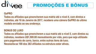 PROMOÇÕES E BÔNUS
GoPRO
Todos os afiliados que preencherem sua matriz até o nível 4, com diretos e
indiretos, até 10 de Janeiro de 2017, recebera uma câmera GoPRO do ultimo
modelo enviado ao seu endereço.
BONUS DE LUXO
Todos os afiliados que preencherem a sua matriz até o nível 5, com diretos ou
indiretos, recebera U$1,500.00 mensalmente por vida, para que seja utilizado
para pagamento de carro, barco, entre outros itens de luxo.
Necessita-se 100 dos 363 afiliados na estrutura estar ativos.
 