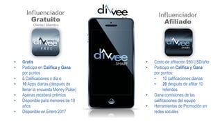 F R E E
• Gratis
• Participa en Califica y Gana
por puntos
• 5 Calificaciones x día o
• 10 Apps diarias (después de
llenar la encuesta Money Pulse)
• Apenas receberá prêmios
• Disponible para menores de 18
años
• Disponible en Enero 2017
Influenciador
Gratuito
• Costo de afiliación $50 USD/año
• Participa en Califica y Gana
por puntos:
• 10 calificaciones diarias
• 20 después de afiliar 10
referidos
• Gana comisiones de las
calificaciones del equipo
• Herramientas de Promoción en
redes sociales
Influenciador
AfiliadoCliente / Miembro
 