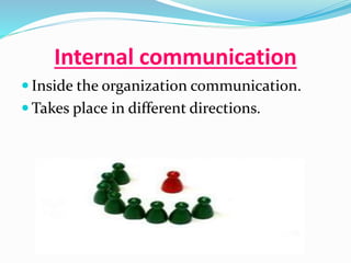 Internal communication
 Inside the organization communication.
 Takes place in different directions.
 