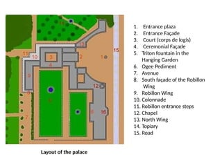 1. Entrance plaza
2. Entrance Façade
3. Court (corps de logis)
4. Ceremonial Façade
5. Triton fountain in the
Hanging Garden
6. Ogee Pediment
7. Avenue
8. South façade of the Robillon
Wing
9. Robillon Wing
10. Colonnade
11. Robillon entrance steps
12. Chapel
13. North Wing
14. Topiary
15. Road
Layout of the palace
 