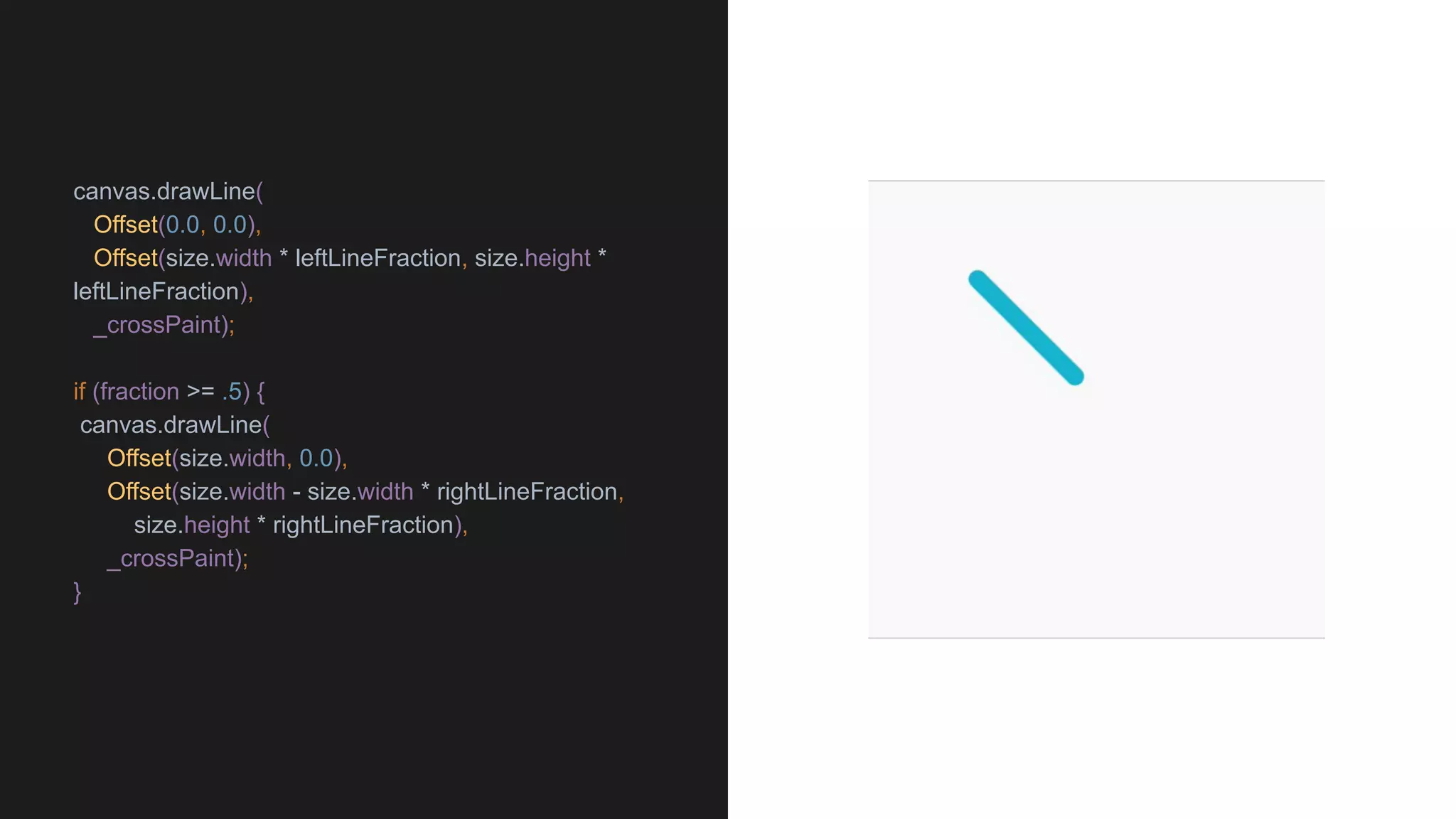 canvas.drawLine(
Offset(0.0, 0.0),
Offset(size.width * leftLineFraction, size.height *
leftLineFraction),
_crossPaint);
if (fraction >= .5) {
canvas.drawLine(
Offset(size.width, 0.0),
Offset(size.width - size.width * rightLineFraction,
size.height * rightLineFraction),
_crossPaint);
}
 