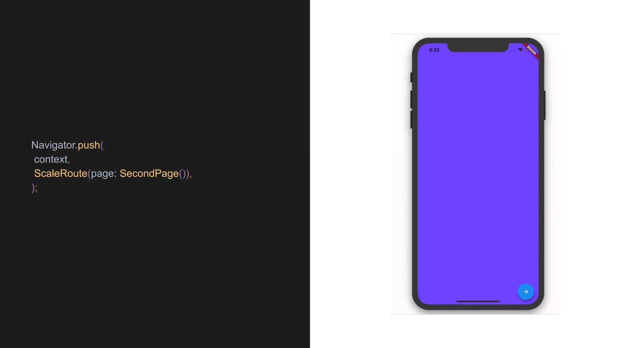 Navigator.push(
context,
ScaleRoute(page: SecondPage()),
);
 