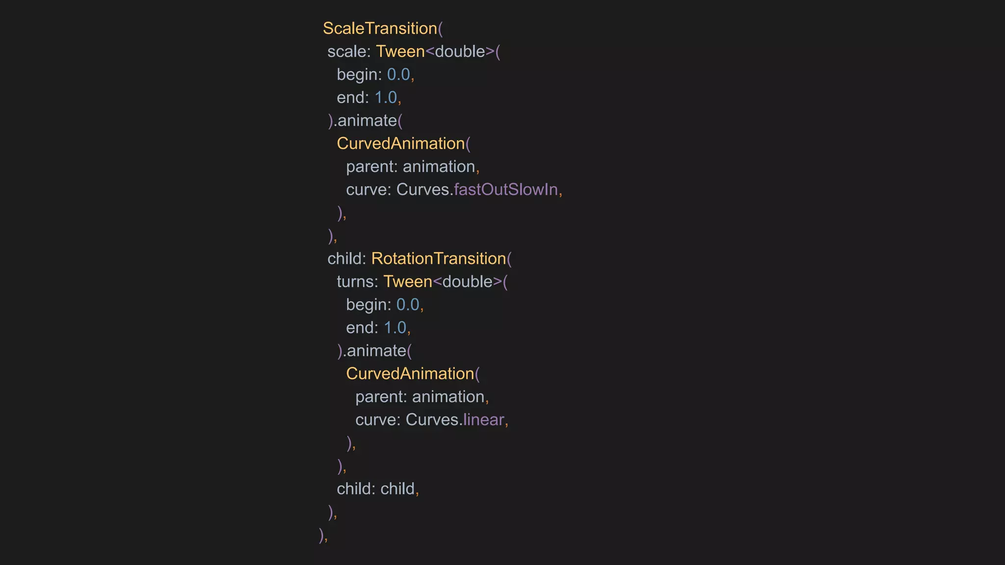 ScaleTransition(
scale: Tween<double>(
begin: 0.0,
end: 1.0,
).animate(
CurvedAnimation(
parent: animation,
curve: Curves.fastOutSlowIn,
),
),
child: RotationTransition(
turns: Tween<double>(
begin: 0.0,
end: 1.0,
).animate(
CurvedAnimation(
parent: animation,
curve: Curves.linear,
),
),
child: child,
),
),
 