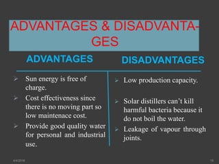 ADVANTAGES & DISADVANTA-
GES
ADVANTAGES DISADVANTAGES
 Low production capacity.
 Solar distillers can’t kill
harmful bacteria because it
do not boil the water.
 Leakage of vapour through
joints.
 Sun energy is free of
charge.
 Cost effectiveness since
there is no moving part so
low maintenace cost.
 Provide good quality water
for personal and industrial
use.
4/4/2018 15
 