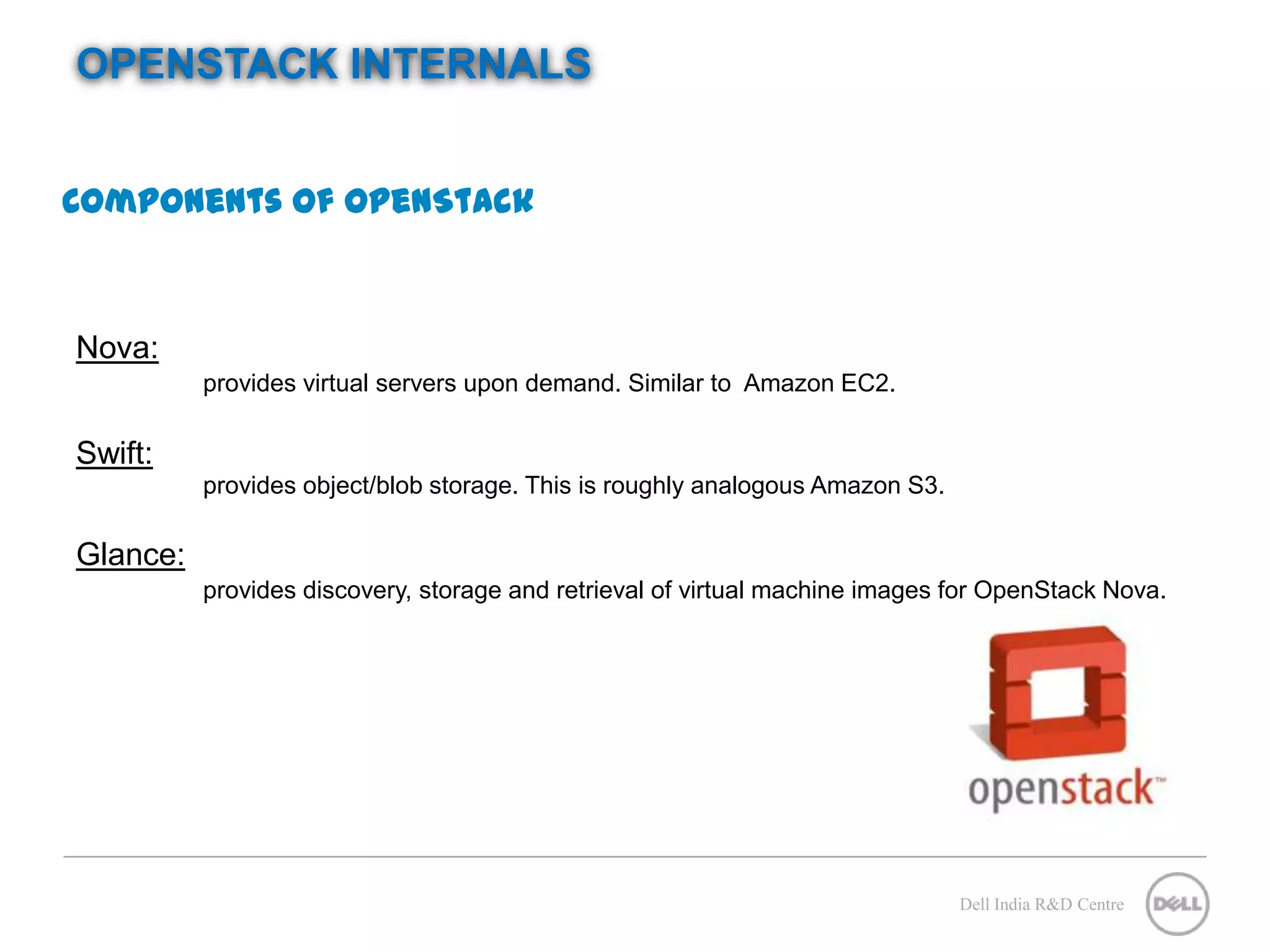 OPENSTACK INTERNALS Components of OpenStack Nova: provides virtual servers upon demand. Similar to Amazon EC2. Swift: provides object/blob storage. This is roughly analogous Amazon S3. Glance: provides discovery, storage and retrieval of virtual machine images for OpenStack Nova. Dell India R&D Centre 