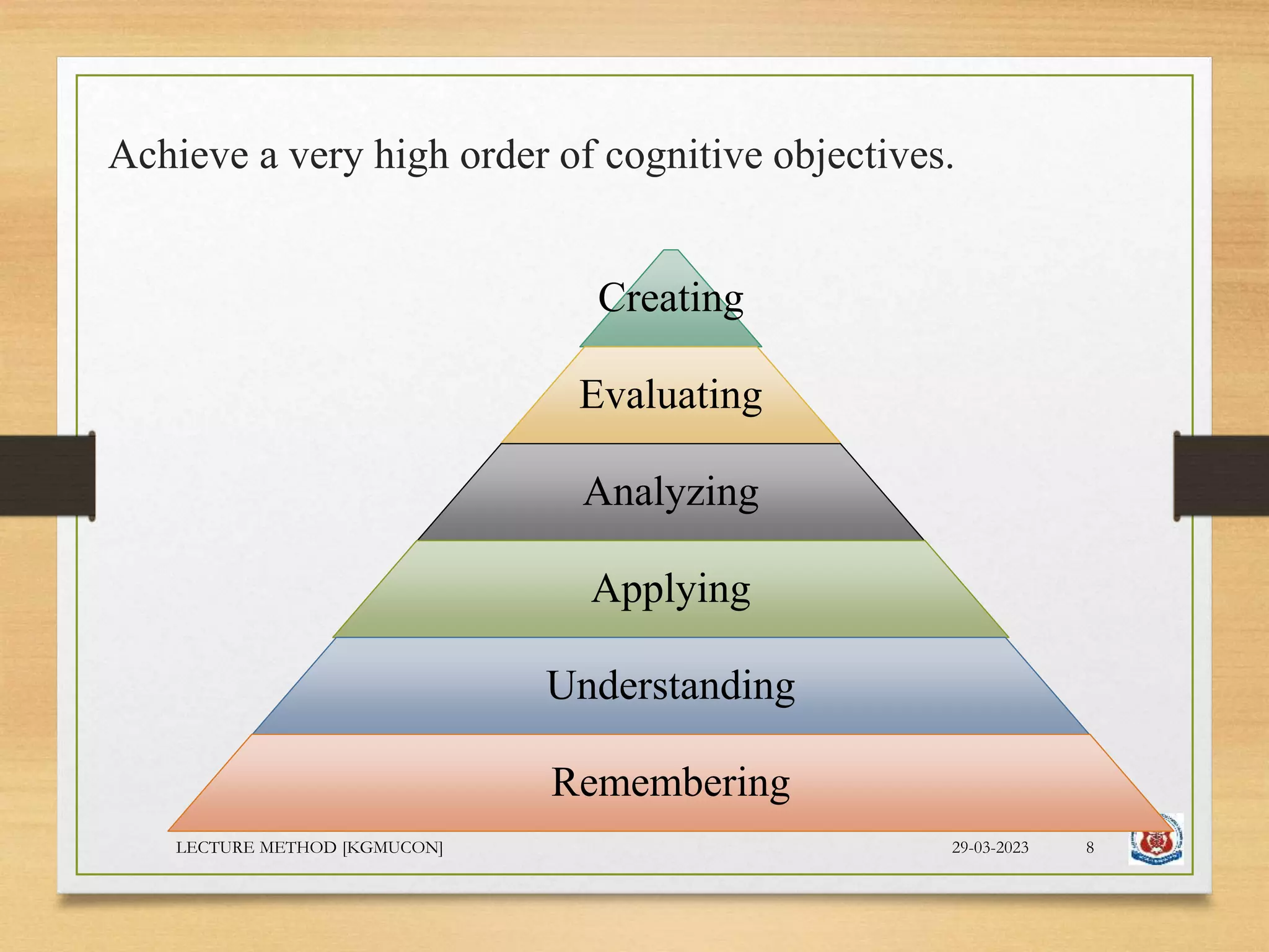 Achieve a very high order of cognitive objectives.
Creating
Evaluating
Analyzing
Applying
Understanding
Remembering
29-03-2023
LECTURE METHOD [KGMUCON] 8
 