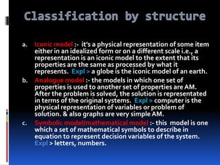 a. Iconic model :- it’s a physical representation of some item
either in an idealized form or on a different scale i.e., a
representation is an iconic model to the extent that its
properties are the same as processed by what it
represents. Expl > a globe is the iconic model of an earth.
b. Analogue model :- the models in which one set of
properties is used to another set of properties are AM.
After the problem is solved, the solution is representated
in terms of the original systems. Expl > computer is the
physical representation of variables or problem of
solution. & also graphs are very simple AM.
c. Symbolic model/mathematical model :- this model is one
which a set of mathematical symbols to describe in
equation to represent decision variables of the system.
Expl > letters, numbers.
 