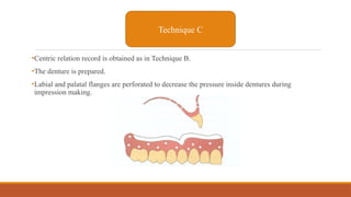 •Centric relation record is obtained as in Technique B.
•The denture is prepared.
•Labial and palatal flanges are perforated to decrease the pressure inside dentures during
impression making.
Technique C
 