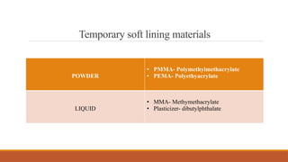 Temporary soft lining materials
POWDER
• PMMA- Polymethylmethacrylate
• PEMA- Polyethyacrylate
LIQUID
• MMA- Methymethacrylate
• Plasticizer- dibutylphthalate
 