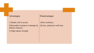 Advantages
1) Bonds well to acrylic.
2)Resonable resistance to damage by
denture cleansers.
3) High rupture strenght.
Disadvantages
1)Poor resiliency.
2)Loses plasticizer with time.
 