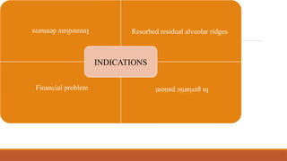 Immediate
dentures
Resorbed residual alveolar ridges
Financial problem In
geriartic
patient
INDICATIONS
 