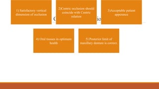 General considerations
1) Satisfactory vertical
dimension of occlusion
2)Centric occlusion should
coincide with Centric
relation
3)Acceptable patient
apperance
4) Oral tissues in optimum
health
5) Posterior limit of
maxillary denture is correct.
 