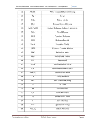 Efficiency Improvement Technique for Silicon based Solar cell using Surface Texturing Method 2017-18
Poornima University, Jaipur M. Tech. (Power System) Page xii
32 MCCE Metal Catalyzed Chemical Etching
33 Ag Silver
34 SiNx Silicon Nitride
35 DRE Damage Removal Etching
36 NaOH/NaClO Sodium Hydroxide /Sodium Hypochlorite
37 NiCr Nickel Chrome
38 KOH Potassium Hydroxide
39 SPM Hydrogen Peroxide
40 UV–V Ultraviolet–Visible
41 HPM Hydrogen Peroxide Solution
42 DIW De-Ionized water
43 BOE Buffed Oxide Etching
44 IPA Isopropanol
45 mc-Si Multi-Crystalline Silicon
46 IQE Internal Quantum Efficiency
47 DIH2O Demineralized water
48 CT Coating Thickness
49 ARC Anti Reflection Coating
50 FF Fill Factor
51 RI Refractive Index
52 Rsh Shunt Resistance
53 Isc Short Circuit Current
54 η Cell Efficiency
55 Voc Open Circuit Voltage
56 Na2S2O8 Sodium Persulfate
 