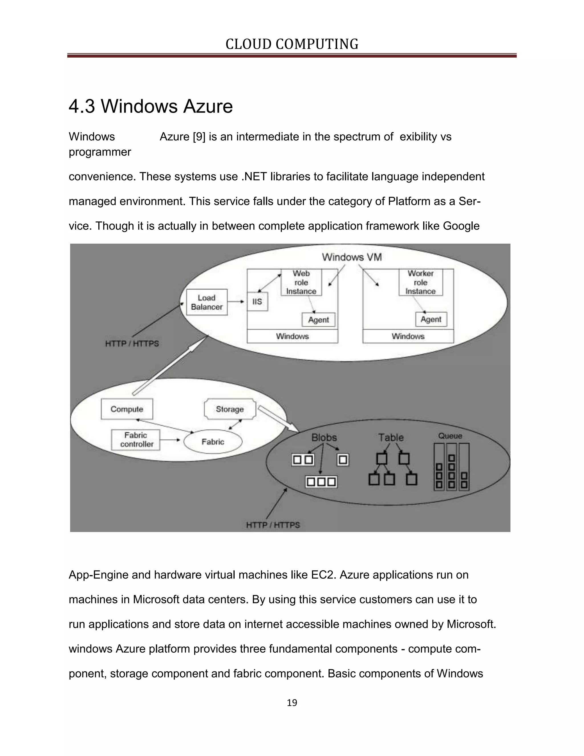 CLOUD COMPUTING

4.3 Windows Azure
Windows
programmer

Azure [9] is an intermediate in the spectrum of exibility vs

convenience. These systems use .NET libraries to facilitate language independent
managed environment. This service falls under the category of Platform as a Service. Though it is actually in between complete application framework like Google

App-Engine and hardware virtual machines like EC2. Azure applications run on
machines in Microsoft data centers. By using this service customers can use it to
run applications and store data on internet accessible machines owned by Microsoft.
windows Azure platform provides three fundamental components - compute component, storage component and fabric component. Basic components of Windows
19

 