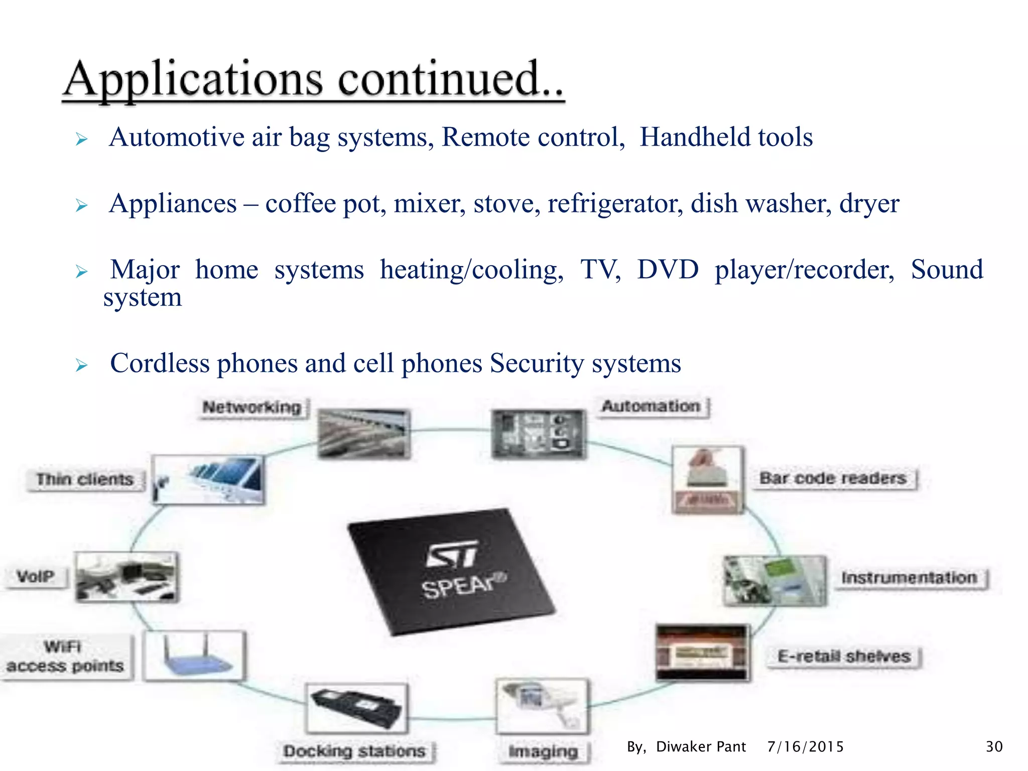  Automotive air bag systems, Remote control, Handheld tools
 Appliances – coffee pot, mixer, stove, refrigerator, dish washer, dryer
 Major home systems heating/cooling, TV, DVD player/recorder, Sound
system
 Cordless phones and cell phones Security systems
7/16/2015 30By, Diwaker Pant
 