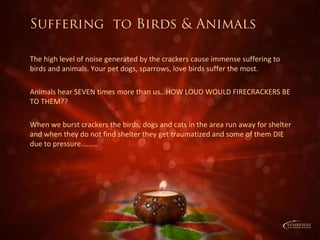 Suffering to Birds & Animals
The high level of noise generated by the crackers cause immense suffering to
birds and animals. Your pet dogs, sparrows, love birds suffer the most.
Animals hear SEVEN times more than us…HOW LOUD WOULD FIRECRACKERS BE
TO THEM??
When we burst crackers the birds, dogs and cats in the area run away for shelter
and when they do not find shelter they get traumatized and some of them DIE
due to pressure.……..
 