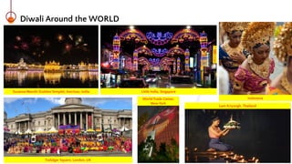 Diwali Around the WORLD
Suvarna Mandir (Golden Temple), Amritsar, India
Indonesia
Little India, Singapore
Trafalgar Square, London, UK
Lam Kriyongh, Thailand
World Trade Center,
New York
 