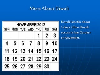 More About Diwali
Diwalilasts for about
5 days. OftenDiwali
occurs in late October
or November.
 