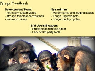 Blogs Feedback
  Development Team:                   Sys Admins
  - not easily customizable           - Performance and logging issues
  - strange template conventions      - Tough upgrade path
  - front-end issues                  - Longer deploy cycles

                     End Users/Bloggers
                     - Problematic rich text editor
                     - Lack of 3rd party tools
                                                      photo by Patricia van Casteren
                                                      http://www.flickr.com/photos/patries71/
 