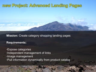 Mission: Create category shopping landing pages

Requirements:

-Expose categories
-Independent management of links
-Image management
-Pull information dynamically from product catalog
 