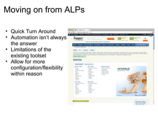 Moving on from ALPs

• Quick Turn Around
• Automation isn’t always
  the answer
• Limitations of the
  existing toolset
• Allow for more
  configuration/flexibility
  within reason
 