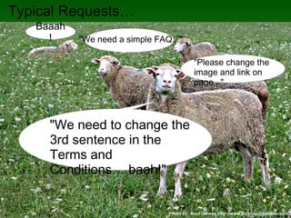 Typical Requests…
   Baaah
   Baaah
     !!    "We need a simple FAQ..."

                                           "Please change the
                                           image and link on
                                           page..."




     "We need to change the
     3rd sentence in the
     Terms and
     Conditions….baah!"


                                Photo by: Aunt Owwee http://www.flickr.com/photos/aunto
 