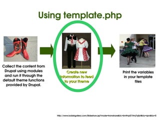Using template.php




Collect the content from 
 Drupal using modules             Create new                                           Print the variables 
 and run it through the       information to feed                                       in your template 
default theme functions          to your theme                                                 files
  provided by Drupal.




                                                 
                            http://www.kodakgallery.com/Slideshow.jsp?mode=fromshare&Uc=6m9np57.9mj7q0yf&Uy=ripni&Ux=0
 