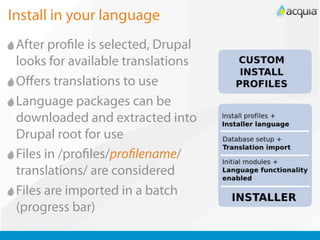Install in your language
 After pro le is selected, Drupal
 looks for available translations
 Oﬀers translations to use
 Language packages can be
 downloaded and extracted into
 Drupal root for use
 Files in /pro les/pro lename/
 translations/ are considered
 Files are imported in a batch
 (progress bar)
 