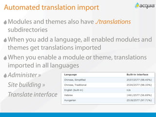 Automated translation import
 Modules and themes also have ./translations
 subdirectories
 When you add a language, all enabled modules and
 themes get translations imported
 When you enable a module or theme, translations
 imported in all languages
 Administer »
 Site building »
 Translate interface
 