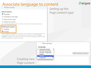 Associate language to content
                        Setting up the
                        Page content type




       Creating new
       Page content
 