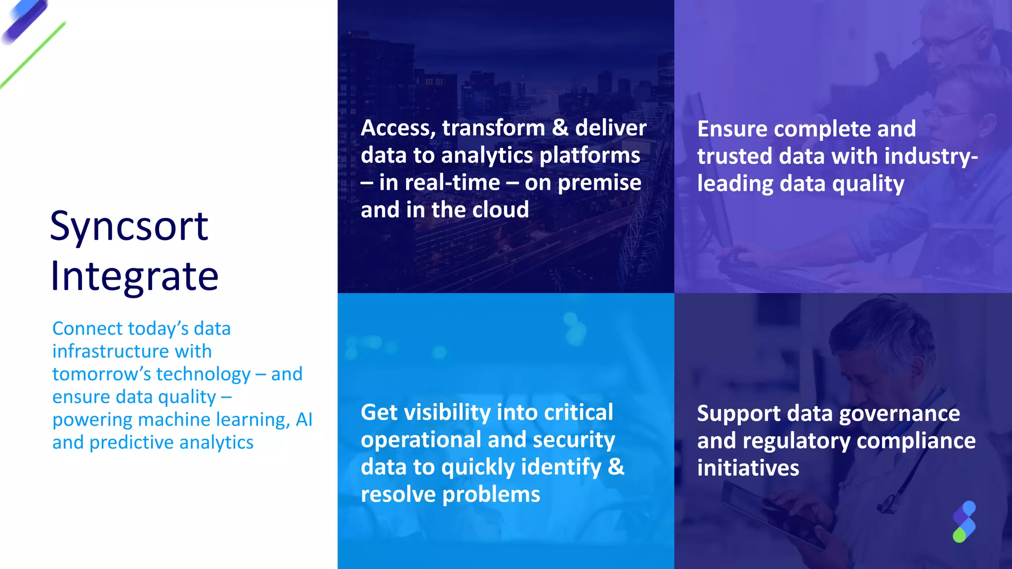 Support data governance
and regulatory compliance
initiatives
Get visibility into critical
operational and security
data to quickly identify &
resolve problems
Ensure complete and
trusted data with industry-
leading data quality
Access, transform & deliver
data to analytics platforms
– in real-time – on premise
and in the cloud
Syncsort
Integrate
Connect today’s data
infrastructure with
tomorrow’s technology – and
ensure data quality –
powering machine learning, AI
and predictive analytics
 