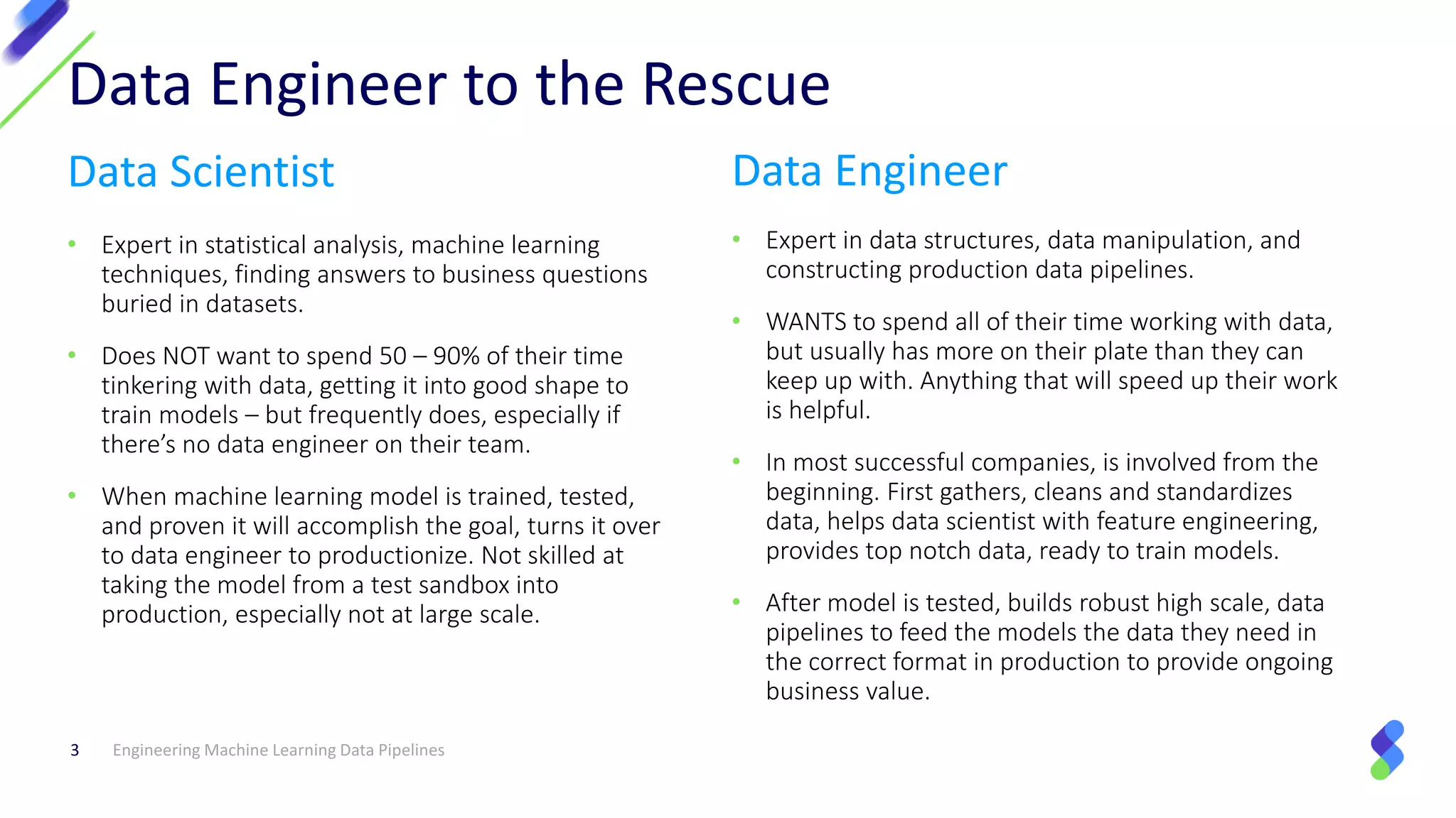 Data Scientist
Engineering Machine Learning Data Pipelines3
Data Engineer to the Rescue
• Expert in statistical analysis, machine learning
techniques, finding answers to business questions
buried in datasets.
• Does NOT want to spend 50 – 90% of their time
tinkering with data, getting it into good shape to
train models – but frequently does, especially if
there’s no data engineer on their team.
• When machine learning model is trained, tested,
and proven it will accomplish the goal, turns it over
to data engineer to productionize. Not skilled at
taking the model from a test sandbox into
production, especially not at large scale.
• Expert in data structures, data manipulation, and
constructing production data pipelines.
• WANTS to spend all of their time working with data,
but usually has more on their plate than they can
keep up with. Anything that will speed up their work
is helpful.
• In most successful companies, is involved from the
beginning. First gathers, cleans and standardizes
data, helps data scientist with feature engineering,
provides top notch data, ready to train models.
• After model is tested, builds robust high scale, data
pipelines to feed the models the data they need in
the correct format in production to provide ongoing
business value.
Data Engineer
 