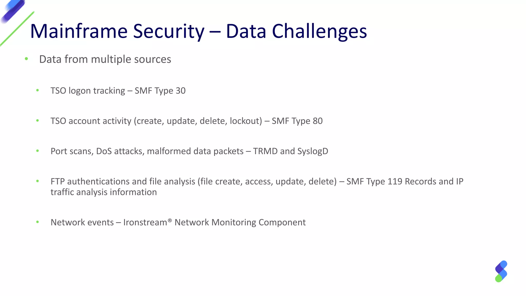 • Data from multiple sources
• TSO logon tracking – SMF Type 30
• TSO account activity (create, update, delete, lockout) – SMF Type 80
• Port scans, DoS attacks, malformed data packets – TRMD and SyslogD
• FTP authentications and file analysis (file create, access, update, delete) – SMF Type 119 Records and IP
traffic analysis information
• Network events – Ironstream® Network Monitoring Component
Mainframe Security – Data Challenges
 