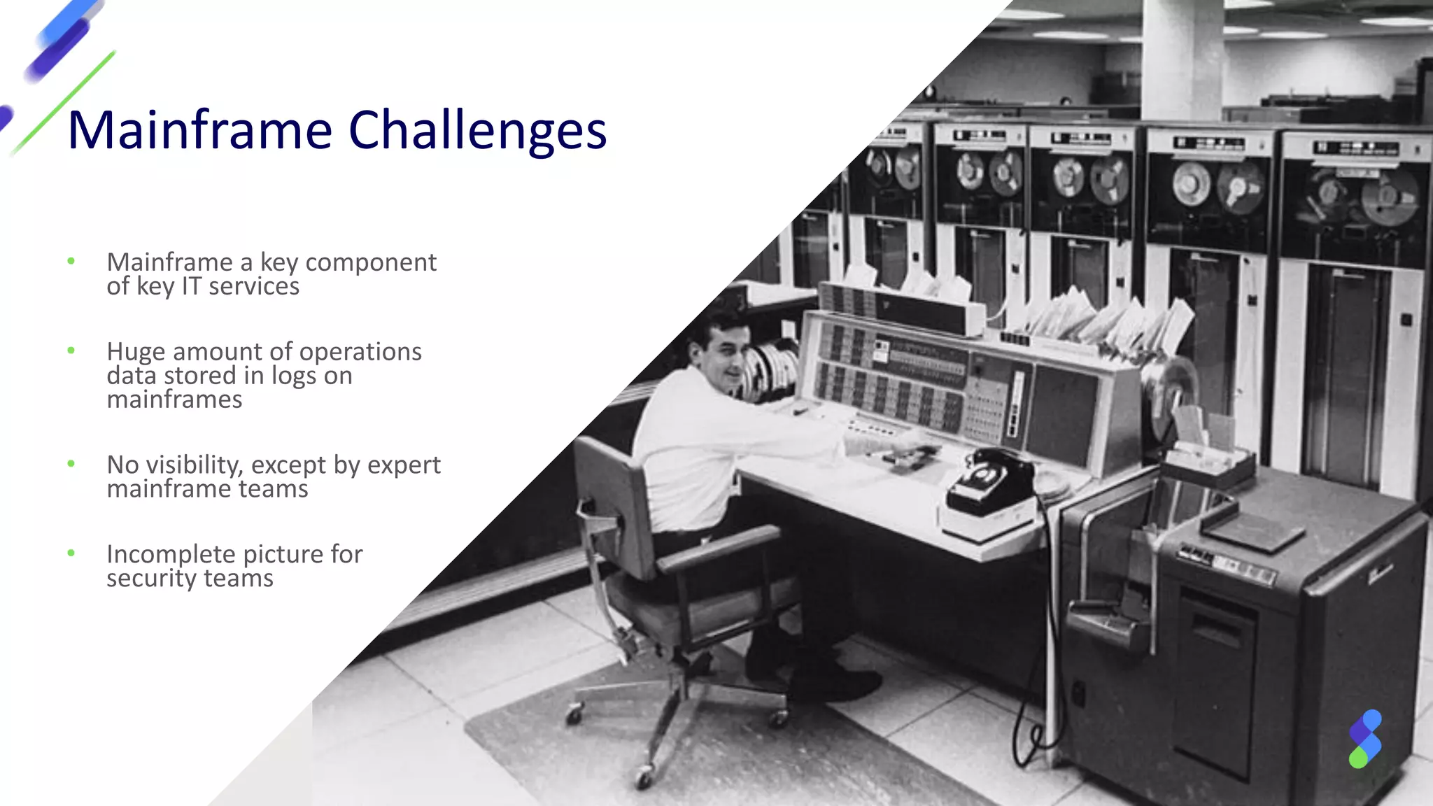 Mainframe Challenges
• Mainframe a key component
of key IT services
• Huge amount of operations
data stored in logs on
mainframes
• No visibility, except by expert
mainframe teams
• Incomplete picture for
security teams
 