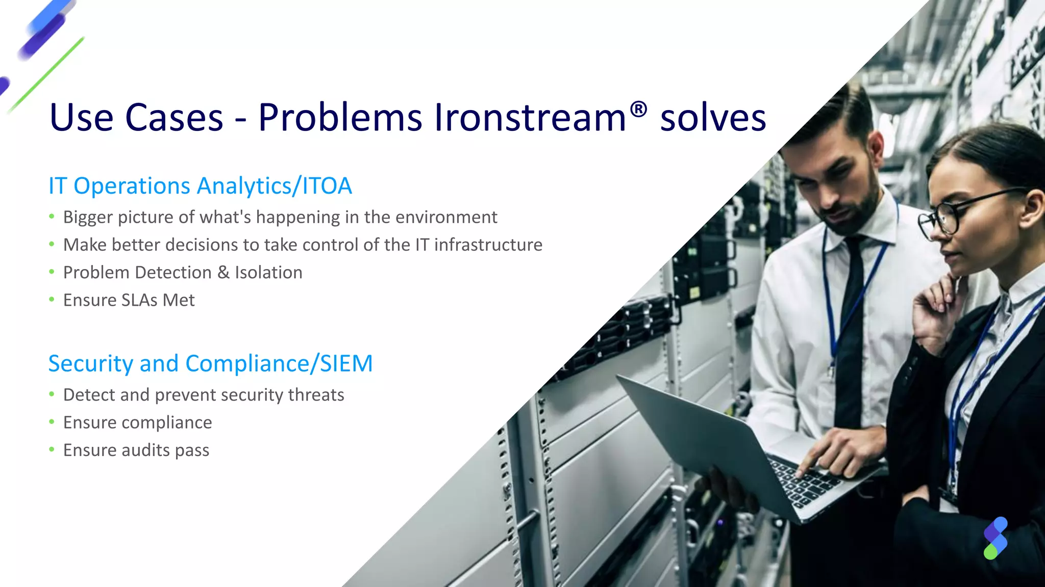 Use Cases - Problems Ironstream® solves
IT Operations Analytics/ITOA
• Bigger picture of what's happening in the environment
• Make better decisions to take control of the IT infrastructure
• Problem Detection & Isolation
• Ensure SLAs Met
Security and Compliance/SIEM
• Detect and prevent security threats
• Ensure compliance
• Ensure audits pass
 