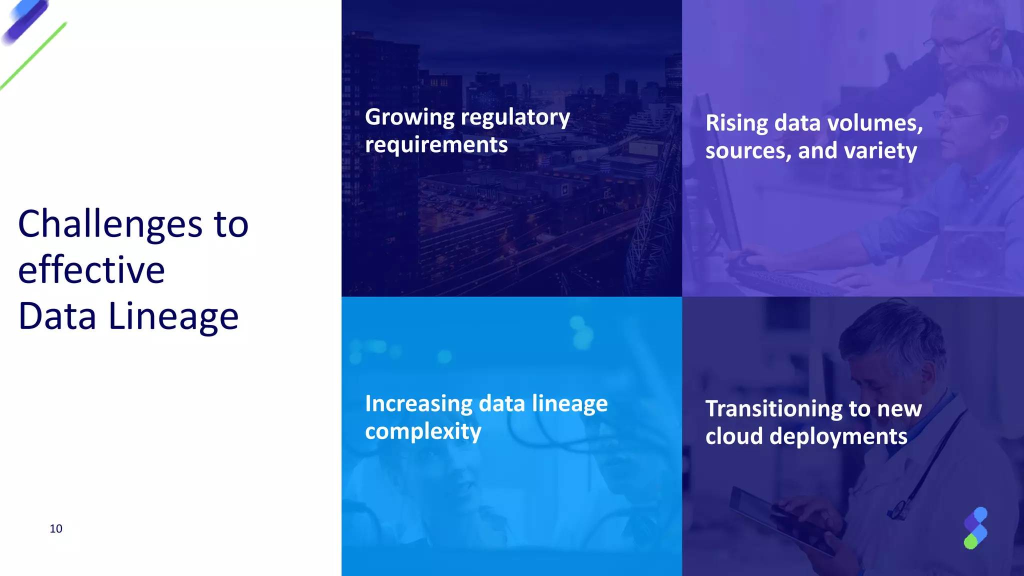Transitioning to new
cloud deployments
Increasing data lineage
complexity
Rising data volumes,
sources, and variety
Growing regulatory
requirements
Challenges to
effective
Data Lineage
10
 