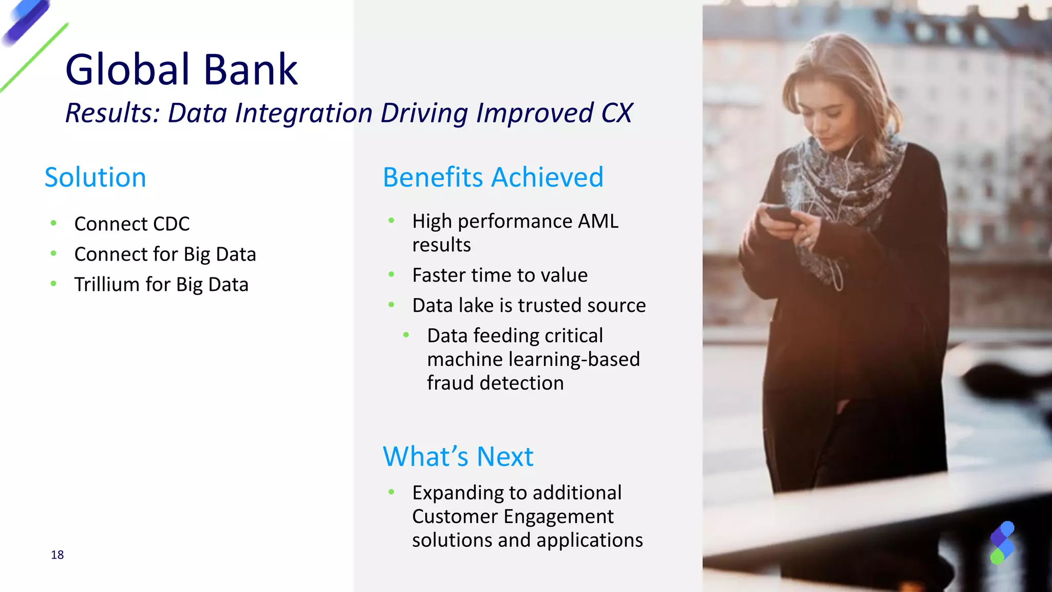 Global Bank
Results: Data Integration Driving Improved CX
Solution
• Connect CDC
• Connect for Big Data
• Trillium for Big Data
Benefits Achieved
• High performance AML
results
• Faster time to value
• Data lake is trusted source
• Data feeding critical
machine learning-based
fraud detection
What’s Next
• Expanding to additional
Customer Engagement
solutions and applications
18
 