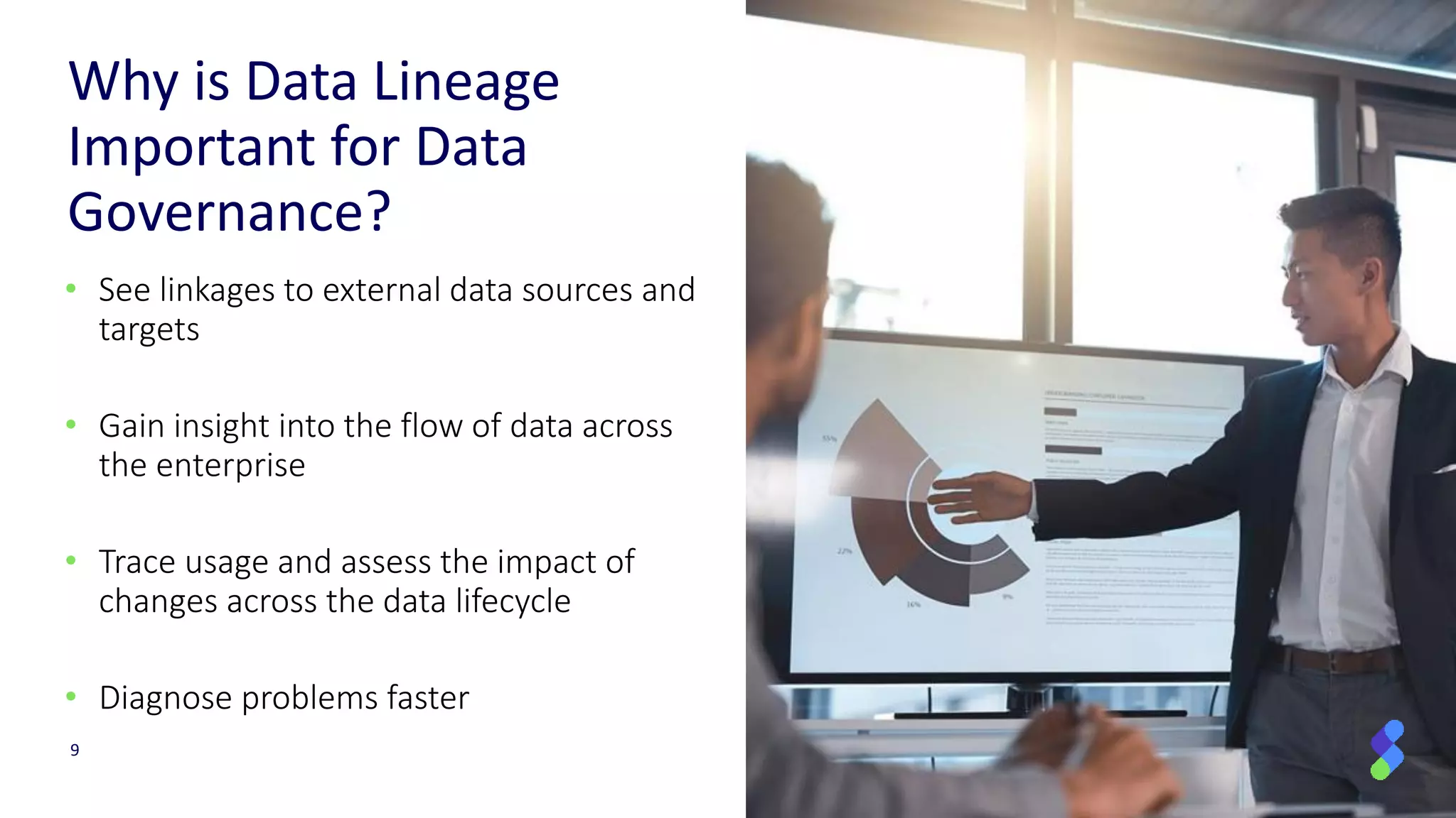 9
Why is Data Lineage
Important for Data
Governance?
• See linkages to external data sources and
targets
• Gain insight into the flow of data across
the enterprise
• Trace usage and assess the impact of
changes across the data lifecycle
• Diagnose problems faster
 
