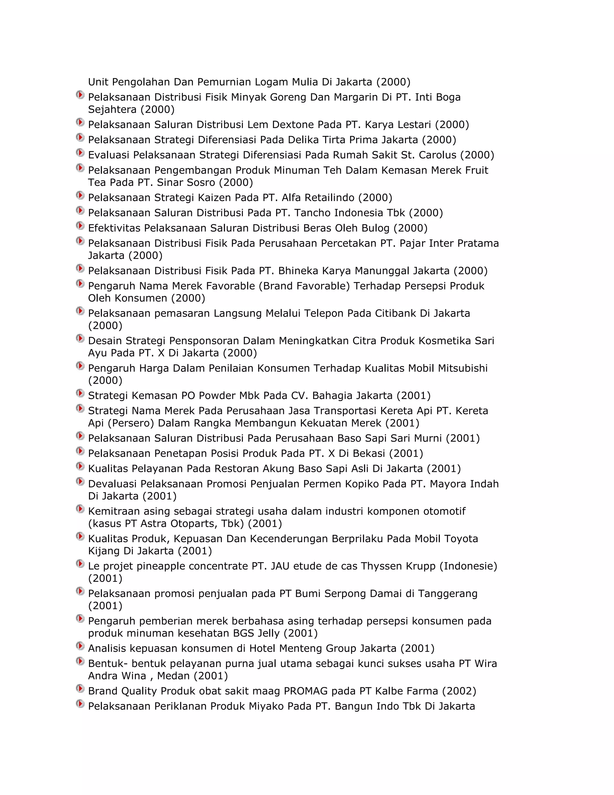 Unit Pengolahan Dan Pemurnian Logam Mulia Di Jakarta (2000)
Pelaksanaan Distribusi Fisik Minyak Goreng Dan Margarin Di PT. Inti Boga
Sejahtera (2000)
Pelaksanaan Saluran Distribusi Lem Dextone Pada PT. Karya Lestari (2000)
Pelaksanaan Strategi Diferensiasi Pada Delika Tirta Prima Jakarta (2000)
Evaluasi Pelaksanaan Strategi Diferensiasi Pada Rumah Sakit St. Carolus (2000)
Pelaksanaan Pengembangan Produk Minuman Teh Dalam Kemasan Merek Fruit
Tea Pada PT. Sinar Sosro (2000)
Pelaksanaan Strategi Kaizen Pada PT. Alfa Retailindo (2000)
Pelaksanaan Saluran Distribusi Pada PT. Tancho Indonesia Tbk (2000)
Efektivitas Pelaksanaan Saluran Distribusi Beras Oleh Bulog (2000)
Pelaksanaan Distribusi Fisik Pada Perusahaan Percetakan PT. Pajar Inter Pratama
Jakarta (2000)
Pelaksanaan Distribusi Fisik Pada PT. Bhineka Karya Manunggal Jakarta (2000)
Pengaruh Nama Merek Favorable (Brand Favorable) Terhadap Persepsi Produk
Oleh Konsumen (2000)
Pelaksanaan pemasaran Langsung Melalui Telepon Pada Citibank Di Jakarta
(2000)
Desain Strategi Pensponsoran Dalam Meningkatkan Citra Produk Kosmetika Sari
Ayu Pada PT. X Di Jakarta (2000)
Pengaruh Harga Dalam Penilaian Konsumen Terhadap Kualitas Mobil Mitsubishi
(2000)
Strategi Kemasan PO Powder Mbk Pada CV. Bahagia Jakarta (2001)
Strategi Nama Merek Pada Perusahaan Jasa Transportasi Kereta Api PT. Kereta
Api (Persero) Dalam Rangka Membangun Kekuatan Merek (2001)
Pelaksanaan Saluran Distribusi Pada Perusahaan Baso Sapi Sari Murni (2001)
Pelaksanaan Penetapan Posisi Produk Pada PT. X Di Bekasi (2001)
Kualitas Pelayanan Pada Restoran Akung Baso Sapi Asli Di Jakarta (2001)
Devaluasi Pelaksanaan Promosi Penjualan Permen Kopiko Pada PT. Mayora Indah
Di Jakarta (2001)
Kemitraan asing sebagai strategi usaha dalam industri komponen otomotif
(kasus PT Astra Otoparts, Tbk) (2001)
Kualitas Produk, Kepuasan Dan Kecenderungan Berprilaku Pada Mobil Toyota
Kijang Di Jakarta (2001)
Le projet pineapple concentrate PT. JAU etude de cas Thyssen Krupp (Indonesie)
(2001)
Pelaksanaan promosi penjualan pada PT Bumi Serpong Damai di Tanggerang
(2001)
Pengaruh pemberian merek berbahasa asing terhadap persepsi konsumen pada
produk minuman kesehatan BGS Jelly (2001)
Analisis kepuasan konsumen di Hotel Menteng Group Jakarta (2001)
Bentuk- bentuk pelayanan purna jual utama sebagai kunci sukses usaha PT Wira
Andra Wina , Medan (2001)
Brand Quality Produk obat sakit maag PROMAG pada PT Kalbe Farma (2002)
Pelaksanaan Periklanan Produk Miyako Pada PT. Bangun Indo Tbk Di Jakarta

 