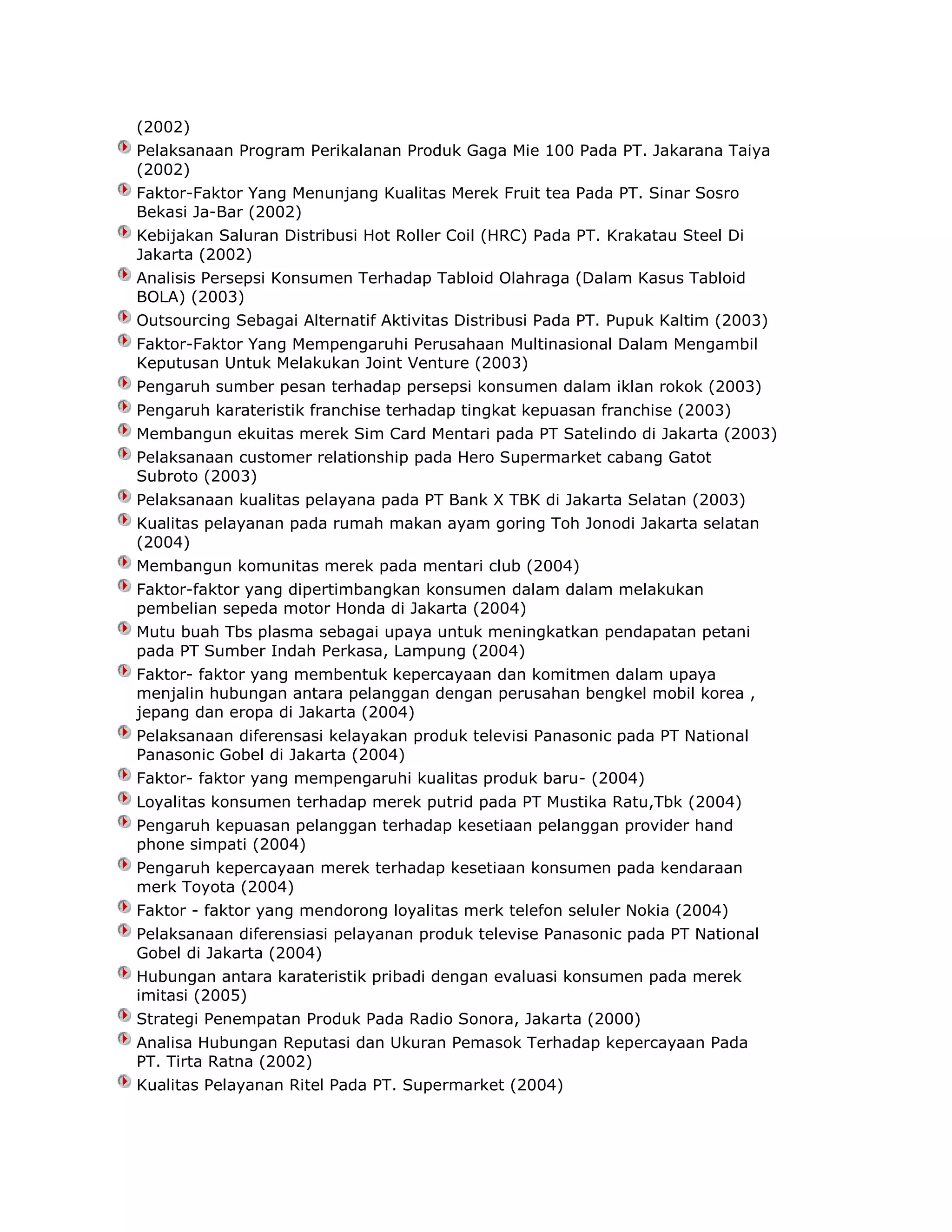 (2002)
Pelaksanaan Program Perikalanan Produk Gaga Mie 100 Pada PT. Jakarana Taiya
(2002)
Faktor-Faktor Yang Menunjang Kualitas Merek Fruit tea Pada PT. Sinar Sosro
Bekasi Ja-Bar (2002)
Kebijakan Saluran Distribusi Hot Roller Coil (HRC) Pada PT. Krakatau Steel Di
Jakarta (2002)
Analisis Persepsi Konsumen Terhadap Tabloid Olahraga (Dalam Kasus Tabloid
BOLA) (2003)
Outsourcing Sebagai Alternatif Aktivitas Distribusi Pada PT. Pupuk Kaltim (2003)
Faktor-Faktor Yang Mempengaruhi Perusahaan Multinasional Dalam Mengambil
Keputusan Untuk Melakukan Joint Venture (2003)
Pengaruh sumber pesan terhadap persepsi konsumen dalam iklan rokok (2003)
Pengaruh karateristik franchise terhadap tingkat kepuasan franchise (2003)
Membangun ekuitas merek Sim Card Mentari pada PT Satelindo di Jakarta (2003)
Pelaksanaan customer relationship pada Hero Supermarket cabang Gatot
Subroto (2003)
Pelaksanaan kualitas pelayana pada PT Bank X TBK di Jakarta Selatan (2003)
Kualitas pelayanan pada rumah makan ayam goring Toh Jonodi Jakarta selatan
(2004)
Membangun komunitas merek pada mentari club (2004)
Faktor-faktor yang dipertimbangkan konsumen dalam dalam melakukan
pembelian sepeda motor Honda di Jakarta (2004)
Mutu buah Tbs plasma sebagai upaya untuk meningkatkan pendapatan petani
pada PT Sumber Indah Perkasa, Lampung (2004)
Faktor- faktor yang membentuk kepercayaan dan komitmen dalam upaya
menjalin hubungan antara pelanggan dengan perusahan bengkel mobil korea ,
jepang dan eropa di Jakarta (2004)
Pelaksanaan diferensasi kelayakan produk televisi Panasonic pada PT National
Panasonic Gobel di Jakarta (2004)
Faktor- faktor yang mempengaruhi kualitas produk baru- (2004)
Loyalitas konsumen terhadap merek putrid pada PT Mustika Ratu,Tbk (2004)
Pengaruh kepuasan pelanggan terhadap kesetiaan pelanggan provider hand
phone simpati (2004)
Pengaruh kepercayaan merek terhadap kesetiaan konsumen pada kendaraan
merk Toyota (2004)
Faktor - faktor yang mendorong loyalitas merk telefon seluler Nokia (2004)
Pelaksanaan diferensiasi pelayanan produk televise Panasonic pada PT National
Gobel di Jakarta (2004)
Hubungan antara karateristik pribadi dengan evaluasi konsumen pada merek
imitasi (2005)
Strategi Penempatan Produk Pada Radio Sonora, Jakarta (2000)
Analisa Hubungan Reputasi dan Ukuran Pemasok Terhadap kepercayaan Pada
PT. Tirta Ratna (2002)
Kualitas Pelayanan Ritel Pada PT. Supermarket (2004)

 