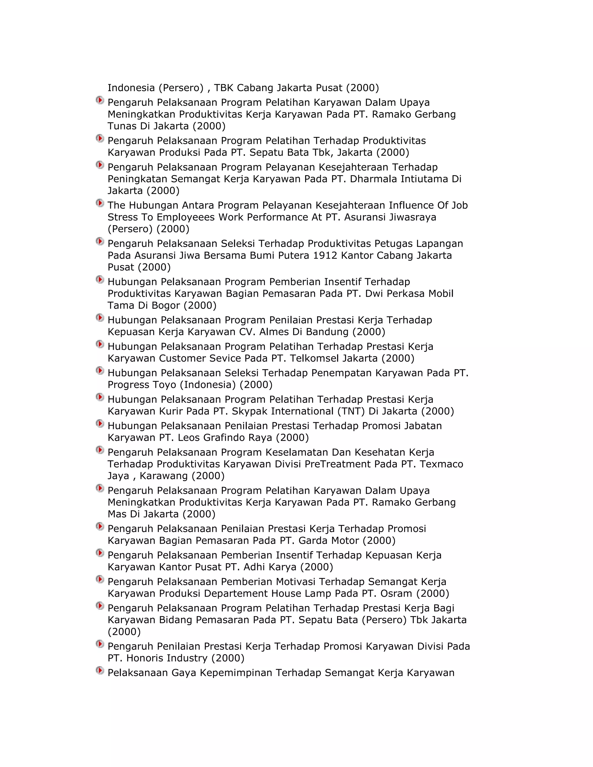 Indonesia (Persero) , TBK Cabang Jakarta Pusat (2000)
Pengaruh Pelaksanaan Program Pelatihan Karyawan Dalam Upaya
Meningkatkan Produktivitas Kerja Karyawan Pada PT. Ramako Gerbang
Tunas Di Jakarta (2000)
Pengaruh Pelaksanaan Program Pelatihan Terhadap Produktivitas
Karyawan Produksi Pada PT. Sepatu Bata Tbk, Jakarta (2000)
Pengaruh Pelaksanaan Program Pelayanan Kesejahteraan Terhadap
Peningkatan Semangat Kerja Karyawan Pada PT. Dharmala Intiutama Di
Jakarta (2000)
The Hubungan Antara Program Pelayanan Kesejahteraan Influence Of Job
Stress To Employeees Work Performance At PT. Asuransi Jiwasraya
(Persero) (2000)
Pengaruh Pelaksanaan Seleksi Terhadap Produktivitas Petugas Lapangan
Pada Asuransi Jiwa Bersama Bumi Putera 1912 Kantor Cabang Jakarta
Pusat (2000)
Hubungan Pelaksanaan Program Pemberian Insentif Terhadap
Produktivitas Karyawan Bagian Pemasaran Pada PT. Dwi Perkasa Mobil
Tama Di Bogor (2000)
Hubungan Pelaksanaan Program Penilaian Prestasi Kerja Terhadap
Kepuasan Kerja Karyawan CV. Almes Di Bandung (2000)
Hubungan Pelaksanaan Program Pelatihan Terhadap Prestasi Kerja
Karyawan Customer Sevice Pada PT. Telkomsel Jakarta (2000)
Hubungan Pelaksanaan Seleksi Terhadap Penempatan Karyawan Pada PT.
Progress Toyo (Indonesia) (2000)
Hubungan Pelaksanaan Program Pelatihan Terhadap Prestasi Kerja
Karyawan Kurir Pada PT. Skypak International (TNT) Di Jakarta (2000)
Hubungan Pelaksanaan Penilaian Prestasi Terhadap Promosi Jabatan
Karyawan PT. Leos Grafindo Raya (2000)
Pengaruh Pelaksanaan Program Keselamatan Dan Kesehatan Kerja
Terhadap Produktivitas Karyawan Divisi PreTreatment Pada PT. Texmaco
Jaya , Karawang (2000)
Pengaruh Pelaksanaan Program Pelatihan Karyawan Dalam Upaya
Meningkatkan Produktivitas Kerja Karyawan Pada PT. Ramako Gerbang
Mas Di Jakarta (2000)
Pengaruh Pelaksanaan Penilaian Prestasi Kerja Terhadap Promosi
Karyawan Bagian Pemasaran Pada PT. Garda Motor (2000)
Pengaruh Pelaksanaan Pemberian Insentif Terhadap Kepuasan Kerja
Karyawan Kantor Pusat PT. Adhi Karya (2000)
Pengaruh Pelaksanaan Pemberian Motivasi Terhadap Semangat Kerja
Karyawan Produksi Departement House Lamp Pada PT. Osram (2000)
Pengaruh Pelaksanaan Program Pelatihan Terhadap Prestasi Kerja Bagi
Karyawan Bidang Pemasaran Pada PT. Sepatu Bata (Persero) Tbk Jakarta
(2000)
Pengaruh Penilaian Prestasi Kerja Terhadap Promosi Karyawan Divisi Pada
PT. Honoris Industry (2000)
Pelaksanaan Gaya Kepemimpinan Terhadap Semangat Kerja Karyawan

 