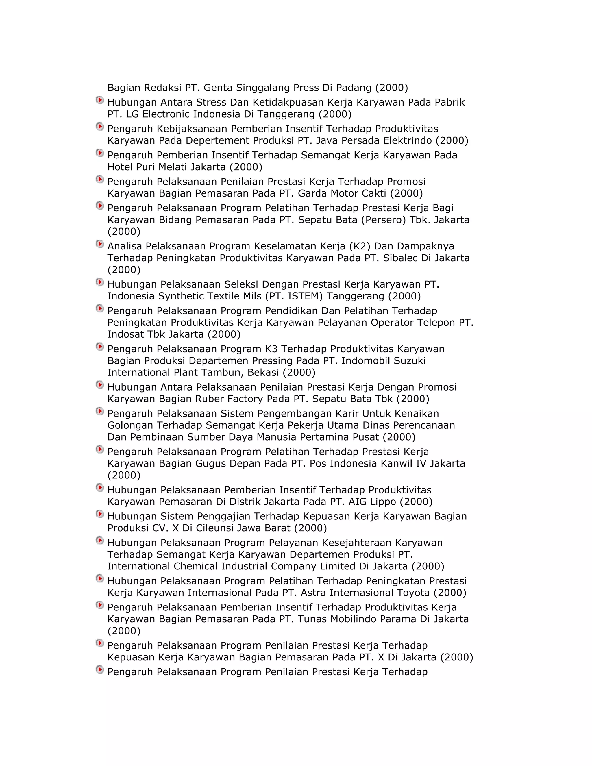Bagian Redaksi PT. Genta Singgalang Press Di Padang (2000)
Hubungan Antara Stress Dan Ketidakpuasan Kerja Karyawan Pada Pabrik
PT. LG Electronic Indonesia Di Tanggerang (2000)
Pengaruh Kebijaksanaan Pemberian Insentif Terhadap Produktivitas
Karyawan Pada Depertement Produksi PT. Java Persada Elektrindo (2000)
Pengaruh Pemberian Insentif Terhadap Semangat Kerja Karyawan Pada
Hotel Puri Melati Jakarta (2000)
Pengaruh Pelaksanaan Penilaian Prestasi Kerja Terhadap Promosi
Karyawan Bagian Pemasaran Pada PT. Garda Motor Cakti (2000)
Pengaruh Pelaksanaan Program Pelatihan Terhadap Prestasi Kerja Bagi
Karyawan Bidang Pemasaran Pada PT. Sepatu Bata (Persero) Tbk. Jakarta
(2000)
Analisa Pelaksanaan Program Keselamatan Kerja (K2) Dan Dampaknya
Terhadap Peningkatan Produktivitas Karyawan Pada PT. Sibalec Di Jakarta
(2000)
Hubungan Pelaksanaan Seleksi Dengan Prestasi Kerja Karyawan PT.
Indonesia Synthetic Textile Mils (PT. ISTEM) Tanggerang (2000)
Pengaruh Pelaksanaan Program Pendidikan Dan Pelatihan Terhadap
Peningkatan Produktivitas Kerja Karyawan Pelayanan Operator Telepon PT.
Indosat Tbk Jakarta (2000)
Pengaruh Pelaksanaan Program K3 Terhadap Produktivitas Karyawan
Bagian Produksi Departemen Pressing Pada PT. Indomobil Suzuki
International Plant Tambun, Bekasi (2000)
Hubungan Antara Pelaksanaan Penilaian Prestasi Kerja Dengan Promosi
Karyawan Bagian Ruber Factory Pada PT. Sepatu Bata Tbk (2000)
Pengaruh Pelaksanaan Sistem Pengembangan Karir Untuk Kenaikan
Golongan Terhadap Semangat Kerja Pekerja Utama Dinas Perencanaan
Dan Pembinaan Sumber Daya Manusia Pertamina Pusat (2000)
Pengaruh Pelaksanaan Program Pelatihan Terhadap Prestasi Kerja
Karyawan Bagian Gugus Depan Pada PT. Pos Indonesia Kanwil IV Jakarta
(2000)
Hubungan Pelaksanaan Pemberian Insentif Terhadap Produktivitas
Karyawan Pemasaran Di Distrik Jakarta Pada PT. AIG Lippo (2000)
Hubungan Sistem Penggajian Terhadap Kepuasan Kerja Karyawan Bagian
Produksi CV. X Di Cileunsi Jawa Barat (2000)
Hubungan Pelaksanaan Program Pelayanan Kesejahteraan Karyawan
Terhadap Semangat Kerja Karyawan Departemen Produksi PT.
International Chemical Industrial Company Limited Di Jakarta (2000)
Hubungan Pelaksanaan Program Pelatihan Terhadap Peningkatan Prestasi
Kerja Karyawan Internasional Pada PT. Astra Internasional Toyota (2000)
Pengaruh Pelaksanaan Pemberian Insentif Terhadap Produktivitas Kerja
Karyawan Bagian Pemasaran Pada PT. Tunas Mobilindo Parama Di Jakarta
(2000)
Pengaruh Pelaksanaan Program Penilaian Prestasi Kerja Terhadap
Kepuasan Kerja Karyawan Bagian Pemasaran Pada PT. X Di Jakarta (2000)
Pengaruh Pelaksanaan Program Penilaian Prestasi Kerja Terhadap

 