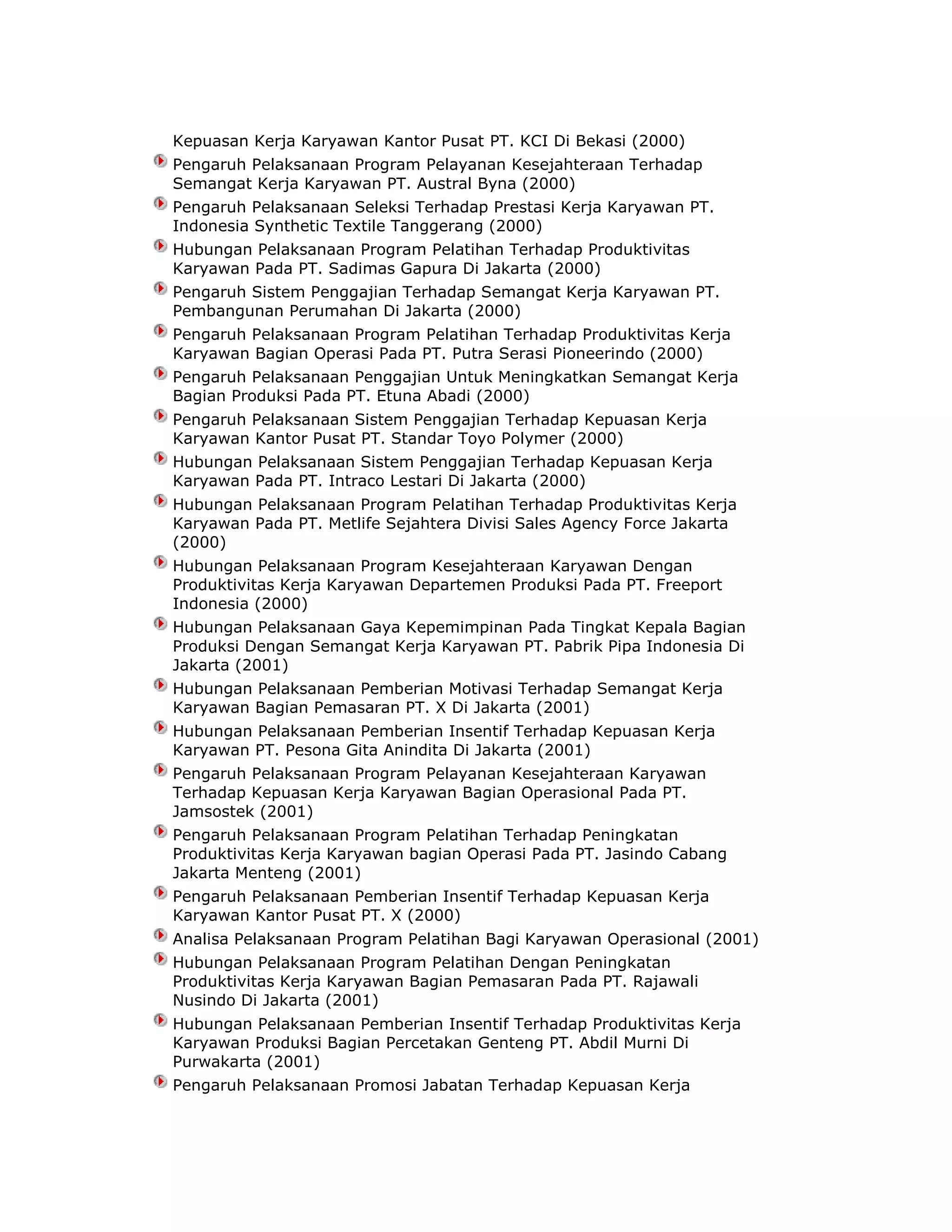 Kepuasan Kerja Karyawan Kantor Pusat PT. KCI Di Bekasi (2000)
Pengaruh Pelaksanaan Program Pelayanan Kesejahteraan Terhadap
Semangat Kerja Karyawan PT. Austral Byna (2000)
Pengaruh Pelaksanaan Seleksi Terhadap Prestasi Kerja Karyawan PT.
Indonesia Synthetic Textile Tanggerang (2000)
Hubungan Pelaksanaan Program Pelatihan Terhadap Produktivitas
Karyawan Pada PT. Sadimas Gapura Di Jakarta (2000)
Pengaruh Sistem Penggajian Terhadap Semangat Kerja Karyawan PT.
Pembangunan Perumahan Di Jakarta (2000)
Pengaruh Pelaksanaan Program Pelatihan Terhadap Produktivitas Kerja
Karyawan Bagian Operasi Pada PT. Putra Serasi Pioneerindo (2000)
Pengaruh Pelaksanaan Penggajian Untuk Meningkatkan Semangat Kerja
Bagian Produksi Pada PT. Etuna Abadi (2000)
Pengaruh Pelaksanaan Sistem Penggajian Terhadap Kepuasan Kerja
Karyawan Kantor Pusat PT. Standar Toyo Polymer (2000)
Hubungan Pelaksanaan Sistem Penggajian Terhadap Kepuasan Kerja
Karyawan Pada PT. Intraco Lestari Di Jakarta (2000)
Hubungan Pelaksanaan Program Pelatihan Terhadap Produktivitas Kerja
Karyawan Pada PT. Metlife Sejahtera Divisi Sales Agency Force Jakarta
(2000)
Hubungan Pelaksanaan Program Kesejahteraan Karyawan Dengan
Produktivitas Kerja Karyawan Departemen Produksi Pada PT. Freeport
Indonesia (2000)
Hubungan Pelaksanaan Gaya Kepemimpinan Pada Tingkat Kepala Bagian
Produksi Dengan Semangat Kerja Karyawan PT. Pabrik Pipa Indonesia Di
Jakarta (2001)
Hubungan Pelaksanaan Pemberian Motivasi Terhadap Semangat Kerja
Karyawan Bagian Pemasaran PT. X Di Jakarta (2001)
Hubungan Pelaksanaan Pemberian Insentif Terhadap Kepuasan Kerja
Karyawan PT. Pesona Gita Anindita Di Jakarta (2001)
Pengaruh Pelaksanaan Program Pelayanan Kesejahteraan Karyawan
Terhadap Kepuasan Kerja Karyawan Bagian Operasional Pada PT.
Jamsostek (2001)
Pengaruh Pelaksanaan Program Pelatihan Terhadap Peningkatan
Produktivitas Kerja Karyawan bagian Operasi Pada PT. Jasindo Cabang
Jakarta Menteng (2001)
Pengaruh Pelaksanaan Pemberian Insentif Terhadap Kepuasan Kerja
Karyawan Kantor Pusat PT. X (2000)
Analisa Pelaksanaan Program Pelatihan Bagi Karyawan Operasional (2001)
Hubungan Pelaksanaan Program Pelatihan Dengan Peningkatan
Produktivitas Kerja Karyawan Bagian Pemasaran Pada PT. Rajawali
Nusindo Di Jakarta (2001)
Hubungan Pelaksanaan Pemberian Insentif Terhadap Produktivitas Kerja
Karyawan Produksi Bagian Percetakan Genteng PT. Abdil Murni Di
Purwakarta (2001)
Pengaruh Pelaksanaan Promosi Jabatan Terhadap Kepuasan Kerja

 