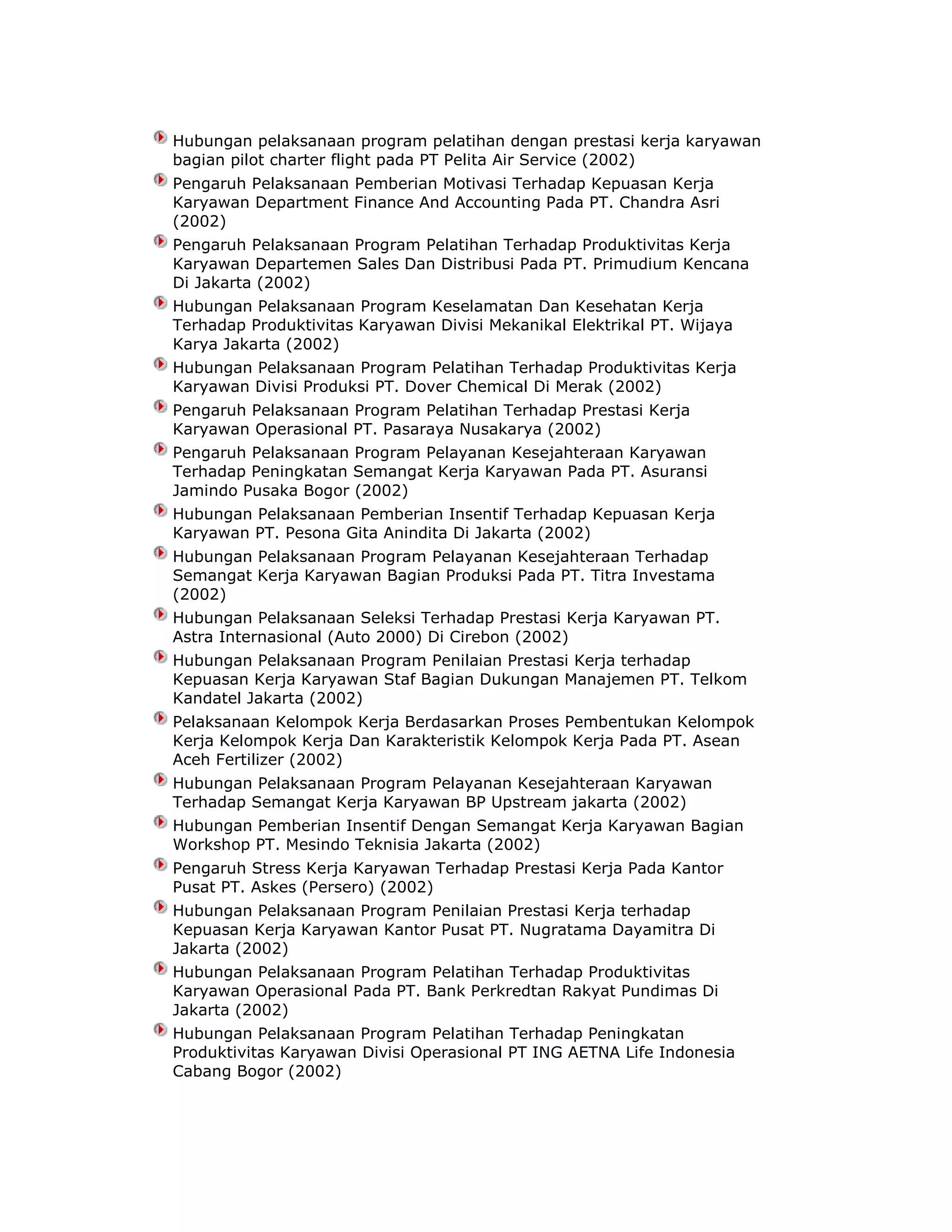 Hubungan pelaksanaan program pelatihan dengan prestasi kerja karyawan
bagian pilot charter flight pada PT Pelita Air Service (2002)
Pengaruh Pelaksanaan Pemberian Motivasi Terhadap Kepuasan Kerja
Karyawan Department Finance And Accounting Pada PT. Chandra Asri
(2002)
Pengaruh Pelaksanaan Program Pelatihan Terhadap Produktivitas Kerja
Karyawan Departemen Sales Dan Distribusi Pada PT. Primudium Kencana
Di Jakarta (2002)
Hubungan Pelaksanaan Program Keselamatan Dan Kesehatan Kerja
Terhadap Produktivitas Karyawan Divisi Mekanikal Elektrikal PT. Wijaya
Karya Jakarta (2002)
Hubungan Pelaksanaan Program Pelatihan Terhadap Produktivitas Kerja
Karyawan Divisi Produksi PT. Dover Chemical Di Merak (2002)
Pengaruh Pelaksanaan Program Pelatihan Terhadap Prestasi Kerja
Karyawan Operasional PT. Pasaraya Nusakarya (2002)
Pengaruh Pelaksanaan Program Pelayanan Kesejahteraan Karyawan
Terhadap Peningkatan Semangat Kerja Karyawan Pada PT. Asuransi
Jamindo Pusaka Bogor (2002)
Hubungan Pelaksanaan Pemberian Insentif Terhadap Kepuasan Kerja
Karyawan PT. Pesona Gita Anindita Di Jakarta (2002)
Hubungan Pelaksanaan Program Pelayanan Kesejahteraan Terhadap
Semangat Kerja Karyawan Bagian Produksi Pada PT. Titra Investama
(2002)
Hubungan Pelaksanaan Seleksi Terhadap Prestasi Kerja Karyawan PT.
Astra Internasional (Auto 2000) Di Cirebon (2002)
Hubungan Pelaksanaan Program Penilaian Prestasi Kerja terhadap
Kepuasan Kerja Karyawan Staf Bagian Dukungan Manajemen PT. Telkom
Kandatel Jakarta (2002)
Pelaksanaan Kelompok Kerja Berdasarkan Proses Pembentukan Kelompok
Kerja Kelompok Kerja Dan Karakteristik Kelompok Kerja Pada PT. Asean
Aceh Fertilizer (2002)
Hubungan Pelaksanaan Program Pelayanan Kesejahteraan Karyawan
Terhadap Semangat Kerja Karyawan BP Upstream jakarta (2002)
Hubungan Pemberian Insentif Dengan Semangat Kerja Karyawan Bagian
Workshop PT. Mesindo Teknisia Jakarta (2002)
Pengaruh Stress Kerja Karyawan Terhadap Prestasi Kerja Pada Kantor
Pusat PT. Askes (Persero) (2002)
Hubungan Pelaksanaan Program Penilaian Prestasi Kerja terhadap
Kepuasan Kerja Karyawan Kantor Pusat PT. Nugratama Dayamitra Di
Jakarta (2002)
Hubungan Pelaksanaan Program Pelatihan Terhadap Produktivitas
Karyawan Operasional Pada PT. Bank Perkredtan Rakyat Pundimas Di
Jakarta (2002)
Hubungan Pelaksanaan Program Pelatihan Terhadap Peningkatan
Produktivitas Karyawan Divisi Operasional PT ING AETNA Life Indonesia
Cabang Bogor (2002)

 