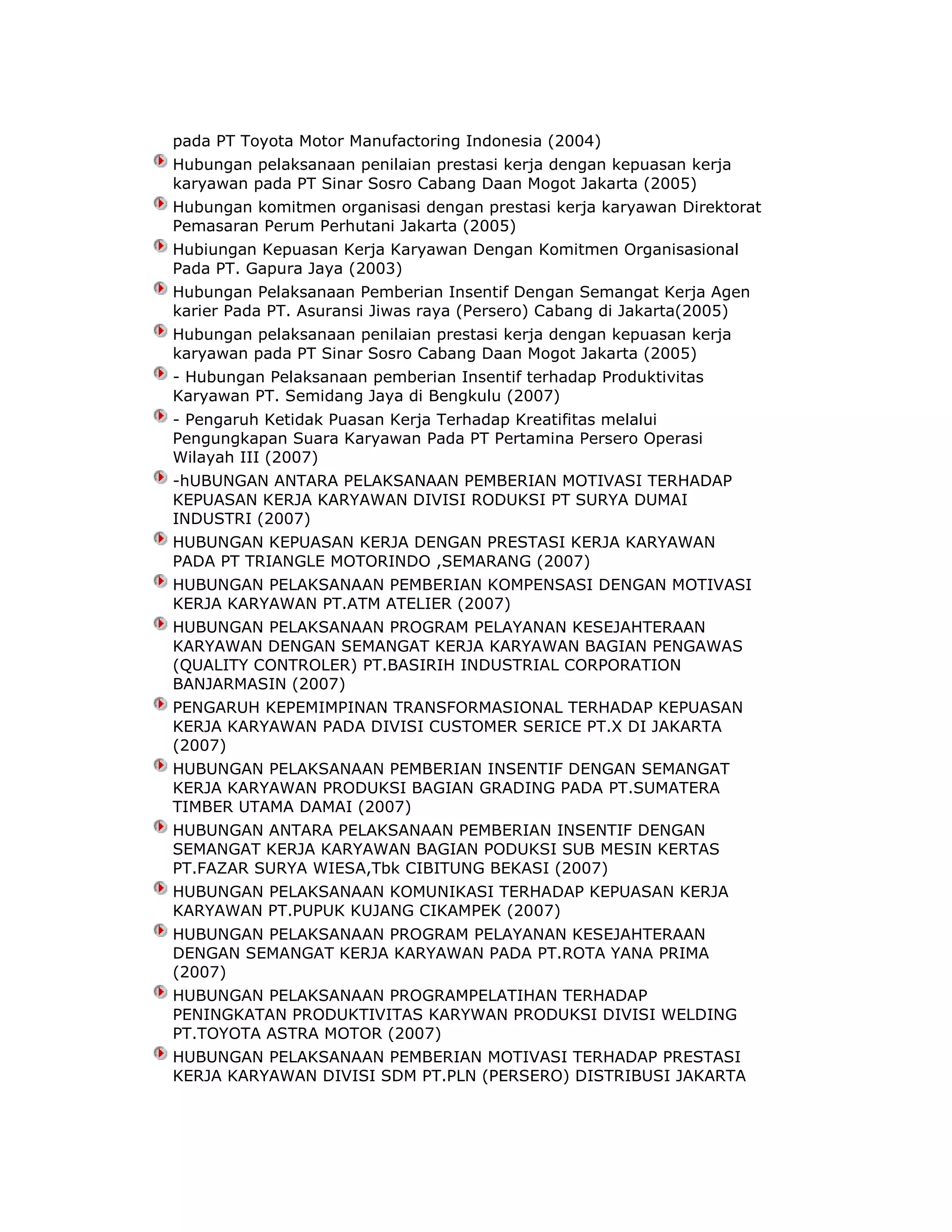 pada PT Toyota Motor Manufactoring Indonesia (2004)
Hubungan pelaksanaan penilaian prestasi kerja dengan kepuasan kerja
karyawan pada PT Sinar Sosro Cabang Daan Mogot Jakarta (2005)
Hubungan komitmen organisasi dengan prestasi kerja karyawan Direktorat
Pemasaran Perum Perhutani Jakarta (2005)
Hubiungan Kepuasan Kerja Karyawan Dengan Komitmen Organisasional
Pada PT. Gapura Jaya (2003)
Hubungan Pelaksanaan Pemberian Insentif Dengan Semangat Kerja Agen
karier Pada PT. Asuransi Jiwas raya (Persero) Cabang di Jakarta(2005)
Hubungan pelaksanaan penilaian prestasi kerja dengan kepuasan kerja
karyawan pada PT Sinar Sosro Cabang Daan Mogot Jakarta (2005)
- Hubungan Pelaksanaan pemberian Insentif terhadap Produktivitas
Karyawan PT. Semidang Jaya di Bengkulu (2007)
- Pengaruh Ketidak Puasan Kerja Terhadap Kreatifitas melalui
Pengungkapan Suara Karyawan Pada PT Pertamina Persero Operasi
Wilayah III (2007)
-hUBUNGAN ANTARA PELAKSANAAN PEMBERIAN MOTIVASI TERHADAP
KEPUASAN KERJA KARYAWAN DIVISI RODUKSI PT SURYA DUMAI
INDUSTRI (2007)
HUBUNGAN KEPUASAN KERJA DENGAN PRESTASI KERJA KARYAWAN
PADA PT TRIANGLE MOTORINDO ,SEMARANG (2007)
HUBUNGAN PELAKSANAAN PEMBERIAN KOMPENSASI DENGAN MOTIVASI
KERJA KARYAWAN PT.ATM ATELIER (2007)
HUBUNGAN PELAKSANAAN PROGRAM PELAYANAN KESEJAHTERAAN
KARYAWAN DENGAN SEMANGAT KERJA KARYAWAN BAGIAN PENGAWAS
(QUALITY CONTROLER) PT.BASIRIH INDUSTRIAL CORPORATION
BANJARMASIN (2007)
PENGARUH KEPEMIMPINAN TRANSFORMASIONAL TERHADAP KEPUASAN
KERJA KARYAWAN PADA DIVISI CUSTOMER SERICE PT.X DI JAKARTA
(2007)
HUBUNGAN PELAKSANAAN PEMBERIAN INSENTIF DENGAN SEMANGAT
KERJA KARYAWAN PRODUKSI BAGIAN GRADING PADA PT.SUMATERA
TIMBER UTAMA DAMAI (2007)
HUBUNGAN ANTARA PELAKSANAAN PEMBERIAN INSENTIF DENGAN
SEMANGAT KERJA KARYAWAN BAGIAN PODUKSI SUB MESIN KERTAS
PT.FAZAR SURYA WIESA,Tbk CIBITUNG BEKASI (2007)
HUBUNGAN PELAKSANAAN KOMUNIKASI TERHADAP KEPUASAN KERJA
KARYAWAN PT.PUPUK KUJANG CIKAMPEK (2007)
HUBUNGAN PELAKSANAAN PROGRAM PELAYANAN KESEJAHTERAAN
DENGAN SEMANGAT KERJA KARYAWAN PADA PT.ROTA YANA PRIMA
(2007)
HUBUNGAN PELAKSANAAN PROGRAMPELATIHAN TERHADAP
PENINGKATAN PRODUKTIVITAS KARYWAN PRODUKSI DIVISI WELDING
PT.TOYOTA ASTRA MOTOR (2007)
HUBUNGAN PELAKSANAAN PEMBERIAN MOTIVASI TERHADAP PRESTASI
KERJA KARYAWAN DIVISI SDM PT.PLN (PERSERO) DISTRIBUSI JAKARTA

 