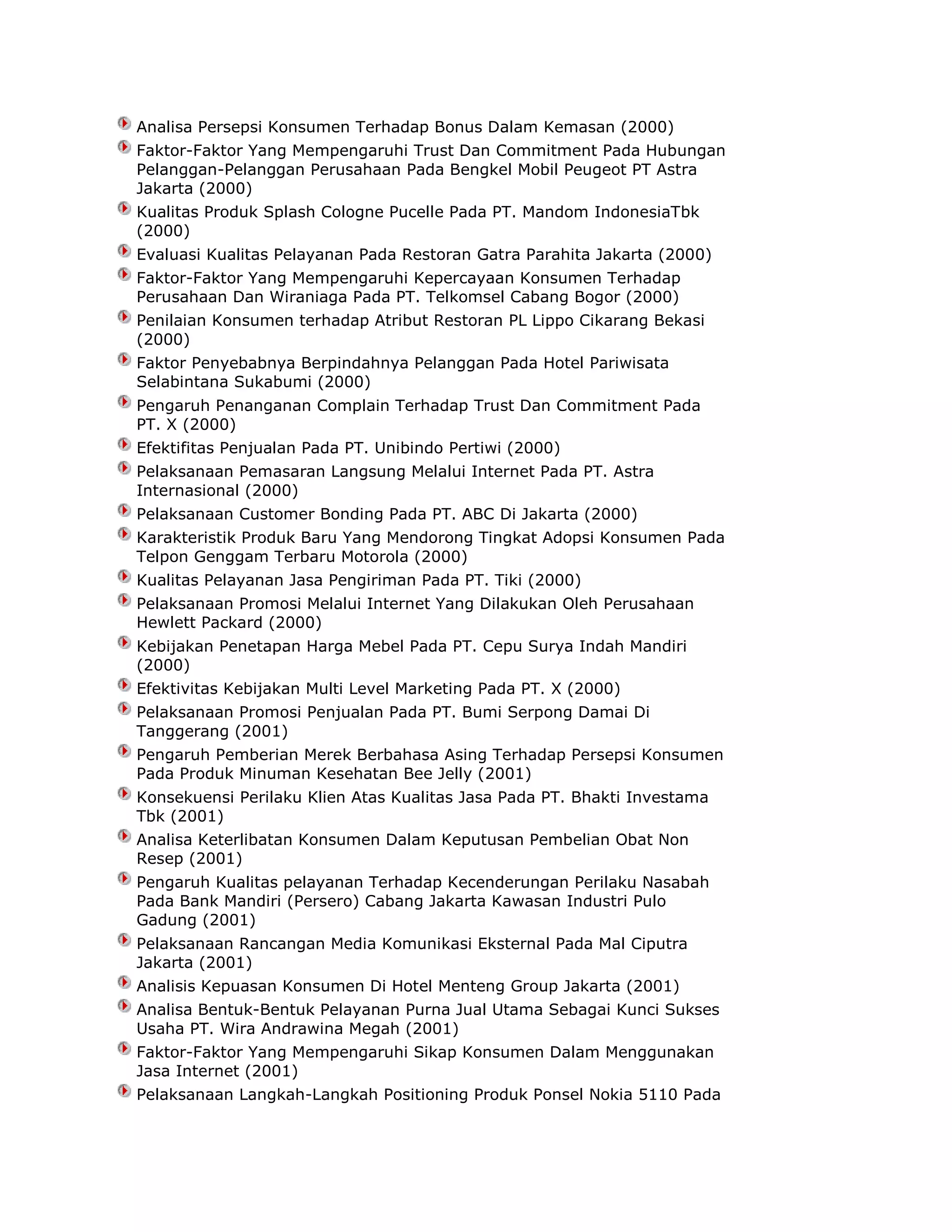 Analisa Persepsi Konsumen Terhadap Bonus Dalam Kemasan (2000)
Faktor-Faktor Yang Mempengaruhi Trust Dan Commitment Pada Hubungan
Pelanggan-Pelanggan Perusahaan Pada Bengkel Mobil Peugeot PT Astra
Jakarta (2000)
Kualitas Produk Splash Cologne Pucelle Pada PT. Mandom IndonesiaTbk
(2000)
Evaluasi Kualitas Pelayanan Pada Restoran Gatra Parahita Jakarta (2000)
Faktor-Faktor Yang Mempengaruhi Kepercayaan Konsumen Terhadap
Perusahaan Dan Wiraniaga Pada PT. Telkomsel Cabang Bogor (2000)
Penilaian Konsumen terhadap Atribut Restoran PL Lippo Cikarang Bekasi
(2000)
Faktor Penyebabnya Berpindahnya Pelanggan Pada Hotel Pariwisata
Selabintana Sukabumi (2000)
Pengaruh Penanganan Complain Terhadap Trust Dan Commitment Pada
PT. X (2000)
Efektifitas Penjualan Pada PT. Unibindo Pertiwi (2000)
Pelaksanaan Pemasaran Langsung Melalui Internet Pada PT. Astra
Internasional (2000)
Pelaksanaan Customer Bonding Pada PT. ABC Di Jakarta (2000)
Karakteristik Produk Baru Yang Mendorong Tingkat Adopsi Konsumen Pada
Telpon Genggam Terbaru Motorola (2000)
Kualitas Pelayanan Jasa Pengiriman Pada PT. Tiki (2000)
Pelaksanaan Promosi Melalui Internet Yang Dilakukan Oleh Perusahaan
Hewlett Packard (2000)
Kebijakan Penetapan Harga Mebel Pada PT. Cepu Surya Indah Mandiri
(2000)
Efektivitas Kebijakan Multi Level Marketing Pada PT. X (2000)
Pelaksanaan Promosi Penjualan Pada PT. Bumi Serpong Damai Di
Tanggerang (2001)
Pengaruh Pemberian Merek Berbahasa Asing Terhadap Persepsi Konsumen
Pada Produk Minuman Kesehatan Bee Jelly (2001)
Konsekuensi Perilaku Klien Atas Kualitas Jasa Pada PT. Bhakti Investama
Tbk (2001)
Analisa Keterlibatan Konsumen Dalam Keputusan Pembelian Obat Non
Resep (2001)
Pengaruh Kualitas pelayanan Terhadap Kecenderungan Perilaku Nasabah
Pada Bank Mandiri (Persero) Cabang Jakarta Kawasan Industri Pulo
Gadung (2001)
Pelaksanaan Rancangan Media Komunikasi Eksternal Pada Mal Ciputra
Jakarta (2001)
Analisis Kepuasan Konsumen Di Hotel Menteng Group Jakarta (2001)
Analisa Bentuk-Bentuk Pelayanan Purna Jual Utama Sebagai Kunci Sukses
Usaha PT. Wira Andrawina Megah (2001)
Faktor-Faktor Yang Mempengaruhi Sikap Konsumen Dalam Menggunakan
Jasa Internet (2001)
Pelaksanaan Langkah-Langkah Positioning Produk Ponsel Nokia 5110 Pada

 