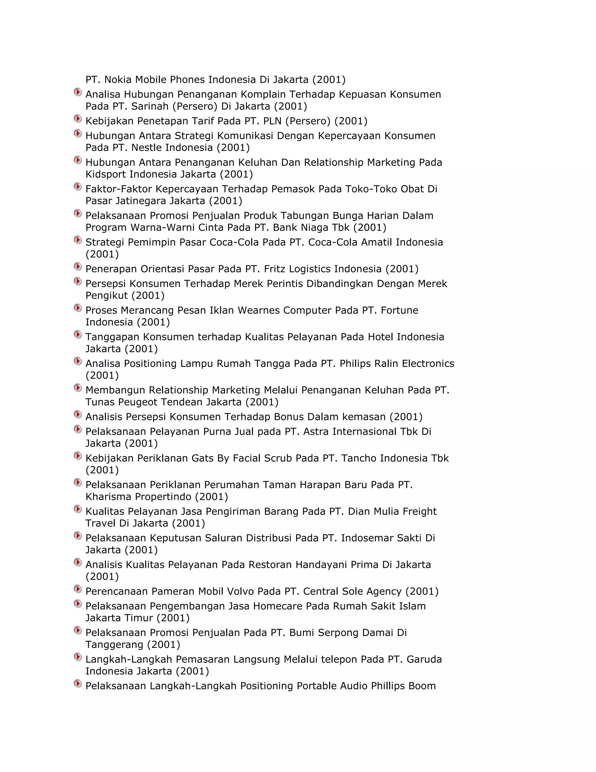 PT. Nokia Mobile Phones Indonesia Di Jakarta (2001)
Analisa Hubungan Penanganan Komplain Terhadap Kepuasan Konsumen
Pada PT. Sarinah (Persero) Di Jakarta (2001)
Kebijakan Penetapan Tarif Pada PT. PLN (Persero) (2001)
Hubungan Antara Strategi Komunikasi Dengan Kepercayaan Konsumen
Pada PT. Nestle Indonesia (2001)
Hubungan Antara Penanganan Keluhan Dan Relationship Marketing Pada
Kidsport Indonesia Jakarta (2001)
Faktor-Faktor Kepercayaan Terhadap Pemasok Pada Toko-Toko Obat Di
Pasar Jatinegara Jakarta (2001)
Pelaksanaan Promosi Penjualan Produk Tabungan Bunga Harian Dalam
Program Warna-Warni Cinta Pada PT. Bank Niaga Tbk (2001)
Strategi Pemimpin Pasar Coca-Cola Pada PT. Coca-Cola Amatil Indonesia
(2001)
Penerapan Orientasi Pasar Pada PT. Fritz Logistics Indonesia (2001)
Persepsi Konsumen Terhadap Merek Perintis Dibandingkan Dengan Merek
Pengikut (2001)
Proses Merancang Pesan Iklan Wearnes Computer Pada PT. Fortune
Indonesia (2001)
Tanggapan Konsumen terhadap Kualitas Pelayanan Pada Hotel Indonesia
Jakarta (2001)
Analisa Positioning Lampu Rumah Tangga Pada PT. Philips Ralin Electronics
(2001)
Membangun Relationship Marketing Melalui Penanganan Keluhan Pada PT.
Tunas Peugeot Tendean Jakarta (2001)
Analisis Persepsi Konsumen Terhadap Bonus Dalam kemasan (2001)
Pelaksanaan Pelayanan Purna Jual pada PT. Astra Internasional Tbk Di
Jakarta (2001)
Kebijakan Periklanan Gats By Facial Scrub Pada PT. Tancho Indonesia Tbk
(2001)
Pelaksanaan Periklanan Perumahan Taman Harapan Baru Pada PT.
Kharisma Propertindo (2001)
Kualitas Pelayanan Jasa Pengiriman Barang Pada PT. Dian Mulia Freight
Travel Di Jakarta (2001)
Pelaksanaan Keputusan Saluran Distribusi Pada PT. Indosemar Sakti Di
Jakarta (2001)
Analisis Kualitas Pelayanan Pada Restoran Handayani Prima Di Jakarta
(2001)
Perencanaan Pameran Mobil Volvo Pada PT. Central Sole Agency (2001)
Pelaksanaan Pengembangan Jasa Homecare Pada Rumah Sakit Islam
Jakarta Timur (2001)
Pelaksanaan Promosi Penjualan Pada PT. Bumi Serpong Damai Di
Tanggerang (2001)
Langkah-Langkah Pemasaran Langsung Melalui telepon Pada PT. Garuda
Indonesia Jakarta (2001)
Pelaksanaan Langkah-Langkah Positioning Portable Audio Phillips Boom

 