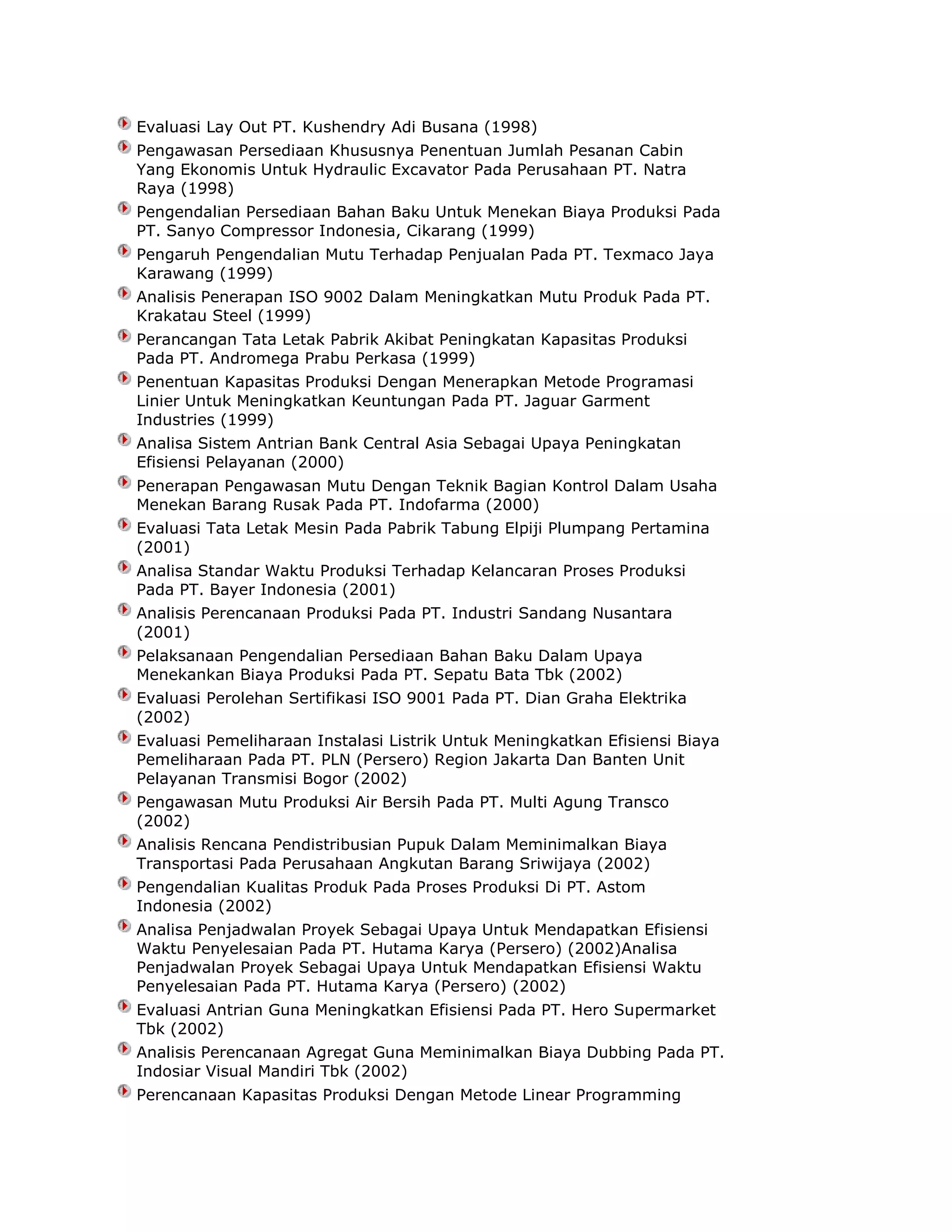 Evaluasi Lay Out PT. Kushendry Adi Busana (1998)
Pengawasan Persediaan Khususnya Penentuan Jumlah Pesanan Cabin
Yang Ekonomis Untuk Hydraulic Excavator Pada Perusahaan PT. Natra
Raya (1998)
Pengendalian Persediaan Bahan Baku Untuk Menekan Biaya Produksi Pada
PT. Sanyo Compressor Indonesia, Cikarang (1999)
Pengaruh Pengendalian Mutu Terhadap Penjualan Pada PT. Texmaco Jaya
Karawang (1999)
Analisis Penerapan ISO 9002 Dalam Meningkatkan Mutu Produk Pada PT.
Krakatau Steel (1999)
Perancangan Tata Letak Pabrik Akibat Peningkatan Kapasitas Produksi
Pada PT. Andromega Prabu Perkasa (1999)
Penentuan Kapasitas Produksi Dengan Menerapkan Metode Programasi
Linier Untuk Meningkatkan Keuntungan Pada PT. Jaguar Garment
Industries (1999)
Analisa Sistem Antrian Bank Central Asia Sebagai Upaya Peningkatan
Efisiensi Pelayanan (2000)
Penerapan Pengawasan Mutu Dengan Teknik Bagian Kontrol Dalam Usaha
Menekan Barang Rusak Pada PT. Indofarma (2000)
Evaluasi Tata Letak Mesin Pada Pabrik Tabung Elpiji Plumpang Pertamina
(2001)
Analisa Standar Waktu Produksi Terhadap Kelancaran Proses Produksi
Pada PT. Bayer Indonesia (2001)
Analisis Perencanaan Produksi Pada PT. Industri Sandang Nusantara
(2001)
Pelaksanaan Pengendalian Persediaan Bahan Baku Dalam Upaya
Menekankan Biaya Produksi Pada PT. Sepatu Bata Tbk (2002)
Evaluasi Perolehan Sertifikasi ISO 9001 Pada PT. Dian Graha Elektrika
(2002)
Evaluasi Pemeliharaan Instalasi Listrik Untuk Meningkatkan Efisiensi Biaya
Pemeliharaan Pada PT. PLN (Persero) Region Jakarta Dan Banten Unit
Pelayanan Transmisi Bogor (2002)
Pengawasan Mutu Produksi Air Bersih Pada PT. Multi Agung Transco
(2002)
Analisis Rencana Pendistribusian Pupuk Dalam Meminimalkan Biaya
Transportasi Pada Perusahaan Angkutan Barang Sriwijaya (2002)
Pengendalian Kualitas Produk Pada Proses Produksi Di PT. Astom
Indonesia (2002)
Analisa Penjadwalan Proyek Sebagai Upaya Untuk Mendapatkan Efisiensi
Waktu Penyelesaian Pada PT. Hutama Karya (Persero) (2002)Analisa
Penjadwalan Proyek Sebagai Upaya Untuk Mendapatkan Efisiensi Waktu
Penyelesaian Pada PT. Hutama Karya (Persero) (2002)
Evaluasi Antrian Guna Meningkatkan Efisiensi Pada PT. Hero Supermarket
Tbk (2002)
Analisis Perencanaan Agregat Guna Meminimalkan Biaya Dubbing Pada PT.
Indosiar Visual Mandiri Tbk (2002)
Perencanaan Kapasitas Produksi Dengan Metode Linear Programming

 