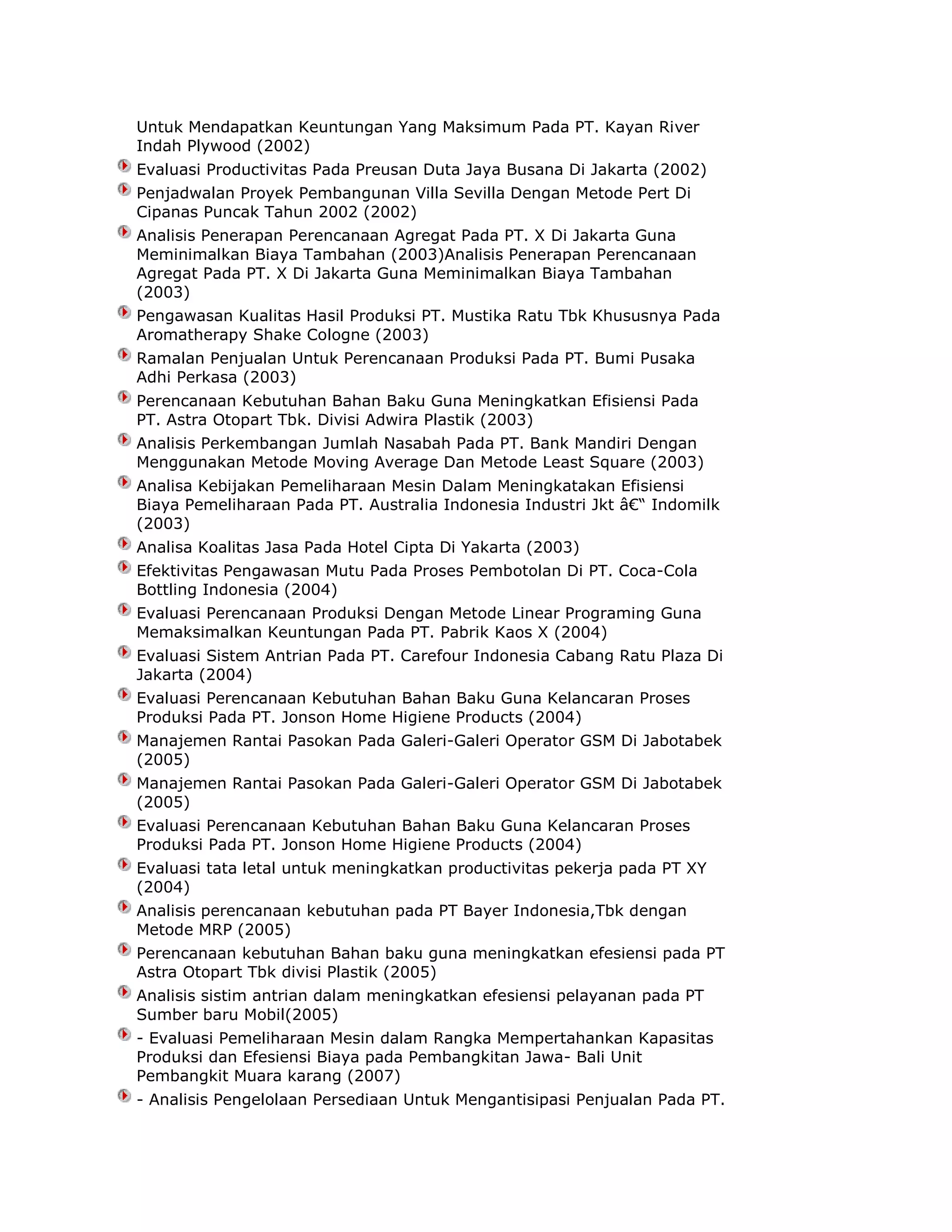 Untuk Mendapatkan Keuntungan Yang Maksimum Pada PT. Kayan River
Indah Plywood (2002)
Evaluasi Productivitas Pada Preusan Duta Jaya Busana Di Jakarta (2002)
Penjadwalan Proyek Pembangunan Villa Sevilla Dengan Metode Pert Di
Cipanas Puncak Tahun 2002 (2002)
Analisis Penerapan Perencanaan Agregat Pada PT. X Di Jakarta Guna
Meminimalkan Biaya Tambahan (2003)Analisis Penerapan Perencanaan
Agregat Pada PT. X Di Jakarta Guna Meminimalkan Biaya Tambahan
(2003)
Pengawasan Kualitas Hasil Produksi PT. Mustika Ratu Tbk Khususnya Pada
Aromatherapy Shake Cologne (2003)
Ramalan Penjualan Untuk Perencanaan Produksi Pada PT. Bumi Pusaka
Adhi Perkasa (2003)
Perencanaan Kebutuhan Bahan Baku Guna Meningkatkan Efisiensi Pada
PT. Astra Otopart Tbk. Divisi Adwira Plastik (2003)
Analisis Perkembangan Jumlah Nasabah Pada PT. Bank Mandiri Dengan
Menggunakan Metode Moving Average Dan Metode Least Square (2003)
Analisa Kebijakan Pemeliharaan Mesin Dalam Meningkatakan Efisiensi
Biaya Pemeliharaan Pada PT. Australia Indonesia Industri Jkt â€“ Indomilk
(2003)
Analisa Koalitas Jasa Pada Hotel Cipta Di Yakarta (2003)
Efektivitas Pengawasan Mutu Pada Proses Pembotolan Di PT. Coca-Cola
Bottling Indonesia (2004)
Evaluasi Perencanaan Produksi Dengan Metode Linear Programing Guna
Memaksimalkan Keuntungan Pada PT. Pabrik Kaos X (2004)
Evaluasi Sistem Antrian Pada PT. Carefour Indonesia Cabang Ratu Plaza Di
Jakarta (2004)
Evaluasi Perencanaan Kebutuhan Bahan Baku Guna Kelancaran Proses
Produksi Pada PT. Jonson Home Higiene Products (2004)
Manajemen Rantai Pasokan Pada Galeri-Galeri Operator GSM Di Jabotabek
(2005)
Manajemen Rantai Pasokan Pada Galeri-Galeri Operator GSM Di Jabotabek
(2005)
Evaluasi Perencanaan Kebutuhan Bahan Baku Guna Kelancaran Proses
Produksi Pada PT. Jonson Home Higiene Products (2004)
Evaluasi tata letal untuk meningkatkan productivitas pekerja pada PT XY
(2004)
Analisis perencanaan kebutuhan pada PT Bayer Indonesia,Tbk dengan
Metode MRP (2005)
Perencanaan kebutuhan Bahan baku guna meningkatkan efesiensi pada PT
Astra Otopart Tbk divisi Plastik (2005)
Analisis sistim antrian dalam meningkatkan efesiensi pelayanan pada PT
Sumber baru Mobil(2005)
- Evaluasi Pemeliharaan Mesin dalam Rangka Mempertahankan Kapasitas
Produksi dan Efesiensi Biaya pada Pembangkitan Jawa- Bali Unit
Pembangkit Muara karang (2007)
- Analisis Pengelolaan Persediaan Untuk Mengantisipasi Penjualan Pada PT.

 
